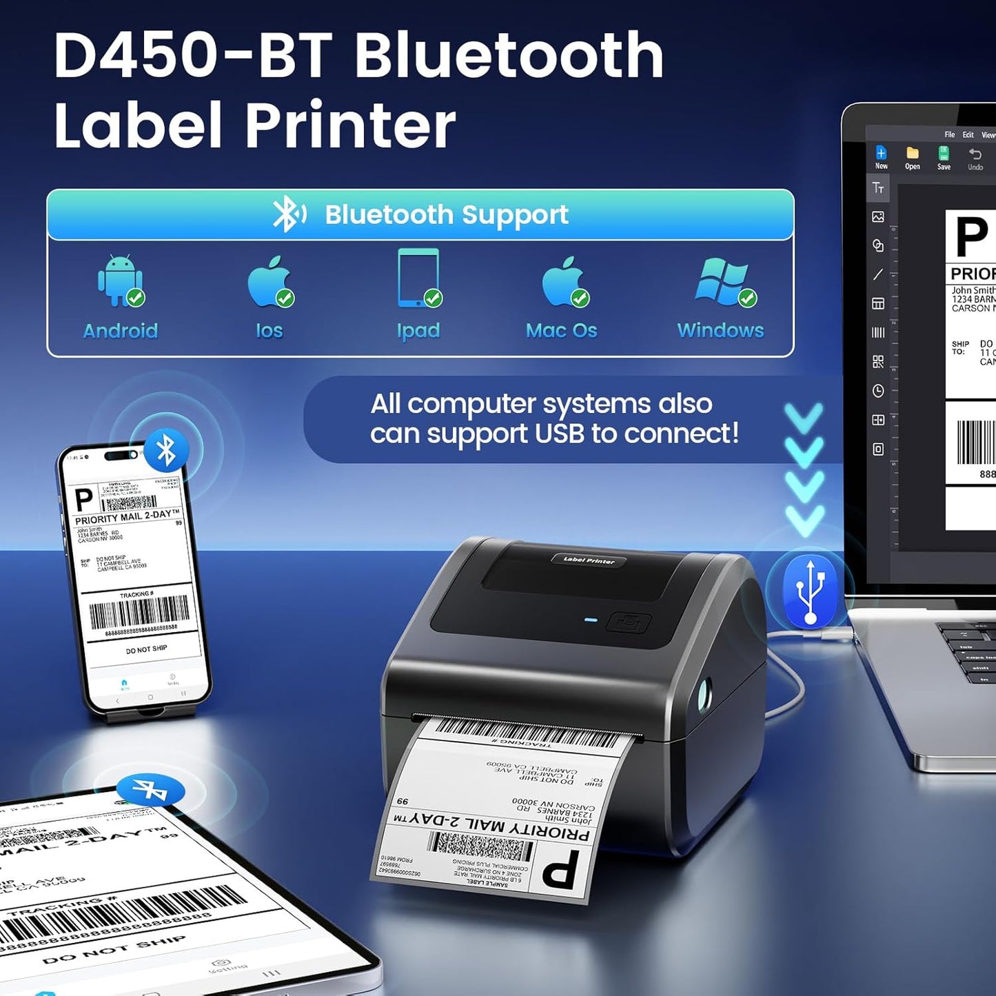 Bluetooth Shipping Label Printer 4x6 - D450BT Thermal Label Printer for Shipping Packages, Small Business, Home, Office, Compatible with Amazon, Ebay, Tiktok, Etsy, USPS