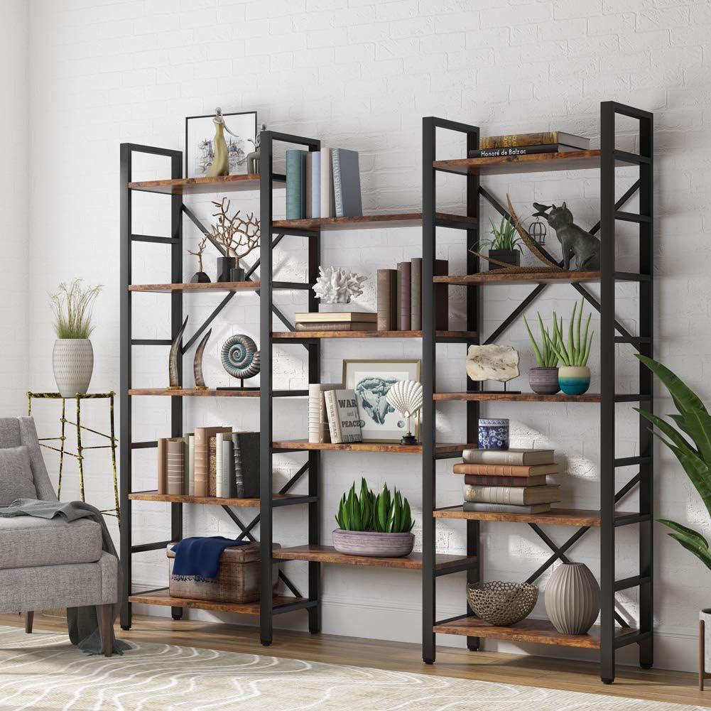 Tribesigns Triple Wide 5-Shelf Bookcase, Etagere Large Open Bookshelf Vintage Industrial Style Shelves Wood and Metal bookcases Furniture for Home & Office, 70 inch