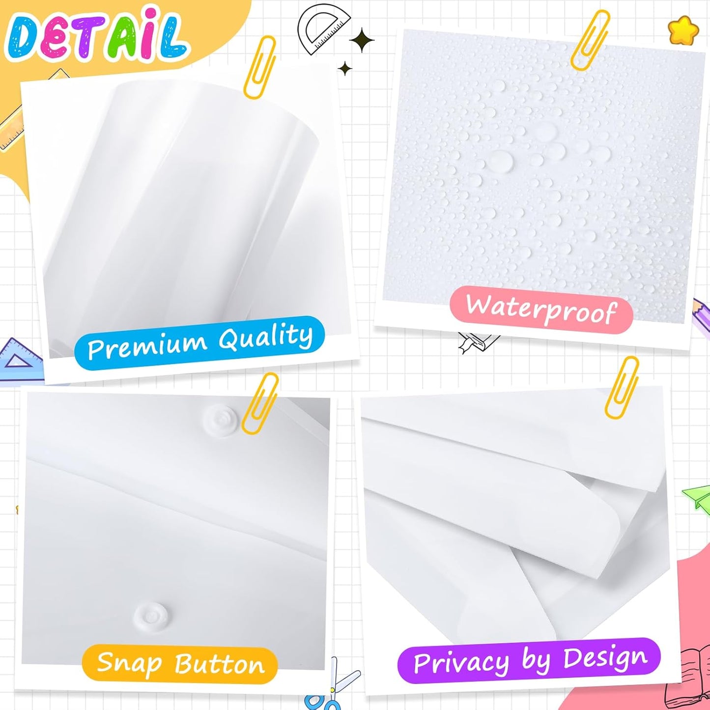 100 Pcs Clear Envelopes with Snap Button Closure Bulk A4 Letter Size Clear Plastic Envelope Folder Document Organizer File Folders for Office Home (Milky)