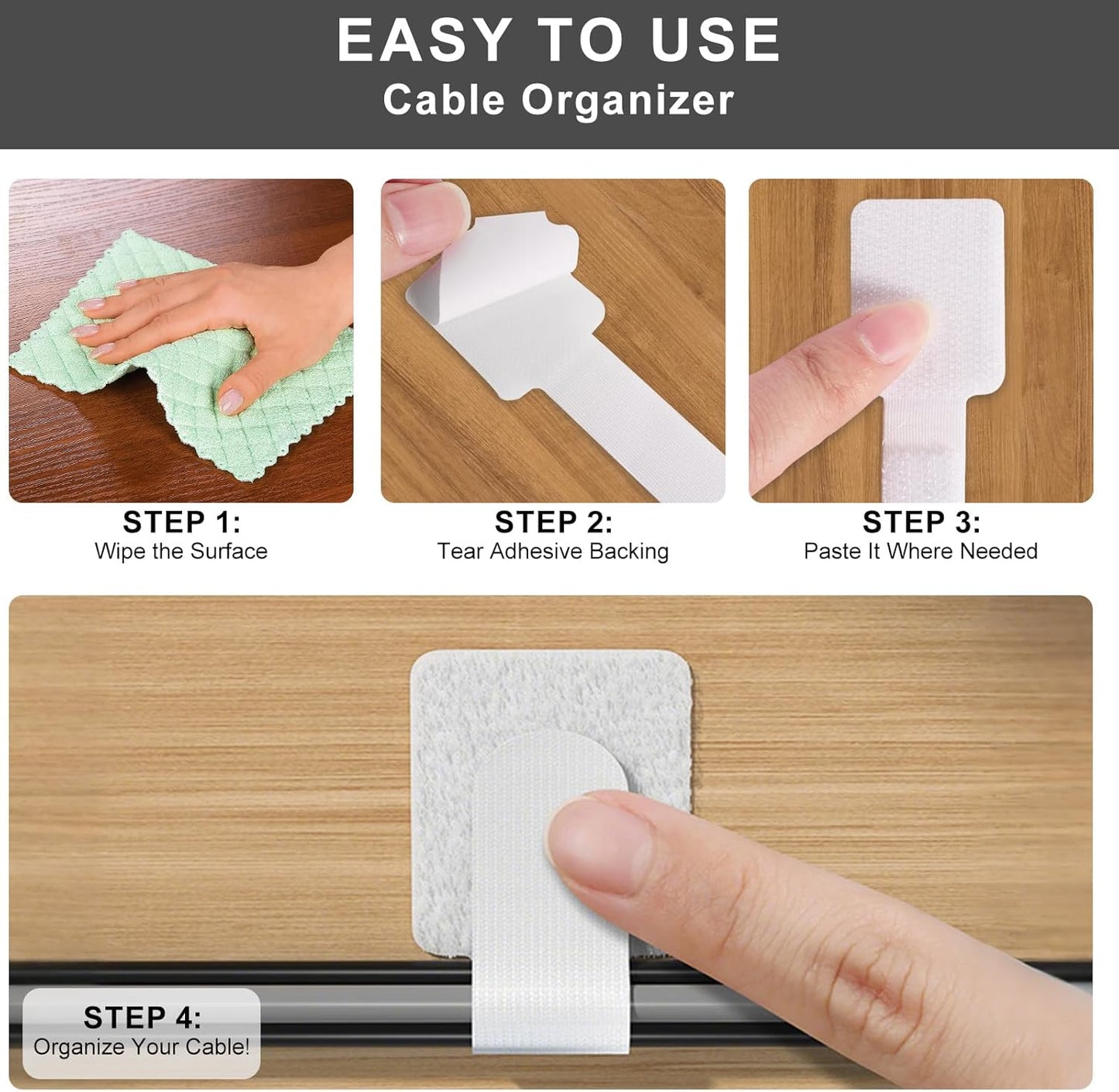 50-Pack Reusable Self-Adhesive Cable Ties Cable Management Adjustable Hook & Loop Straps for Organizing Data Cables, Wires, Headphones Under-Table Cord Management for Home, Office