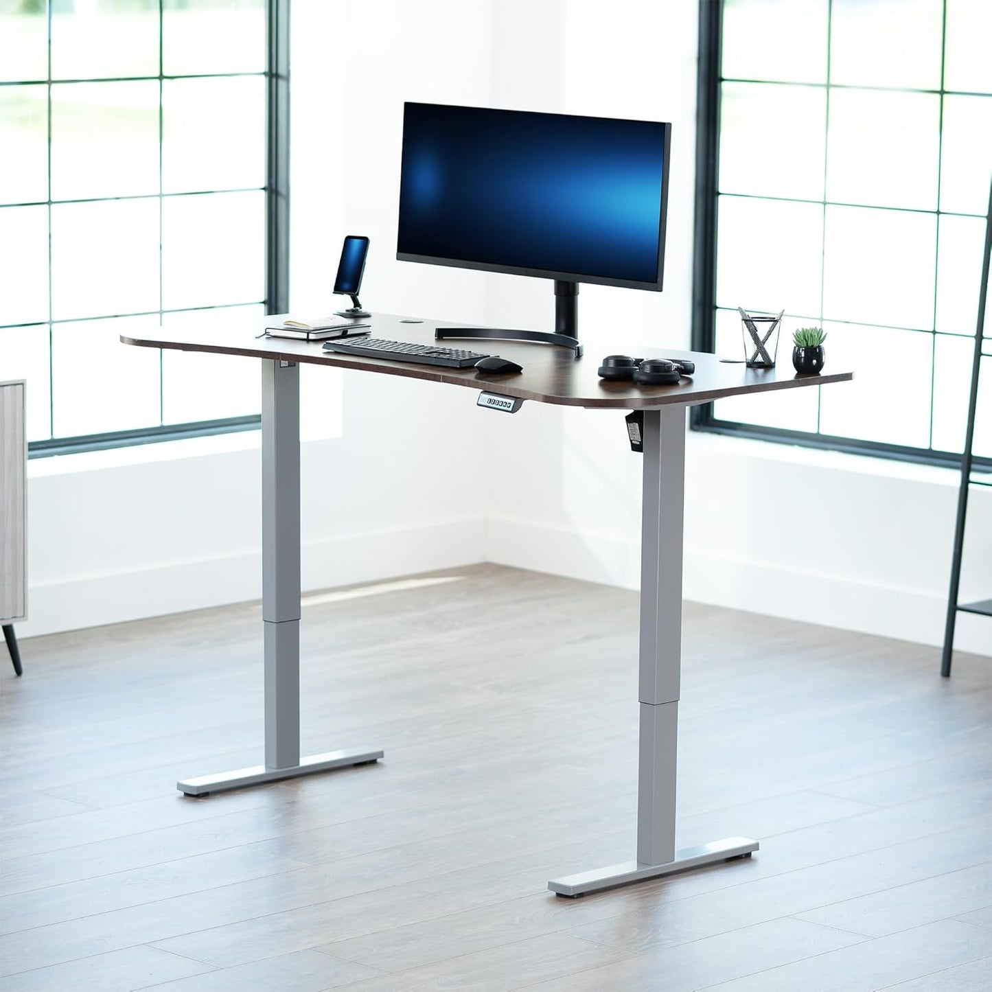 VIVO Electric 63 x 32 in Rustic Standing Desk, Memory Height Adjustment, 1B Series, Vintage Brown Top Gray Frame, DESK-KIT-1G1N