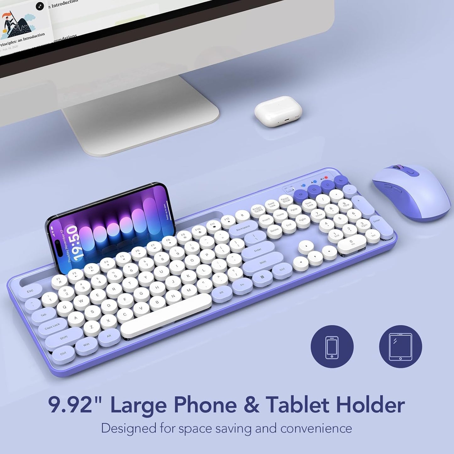 Wireless Keyboard and Mouse Combo, Retro Round Keycap Typewriter Keyboard with Phone/Tablet Holder, Cute Colorful Keyboard for Computer/Laptop/Windows by SABLUTE (Purple)