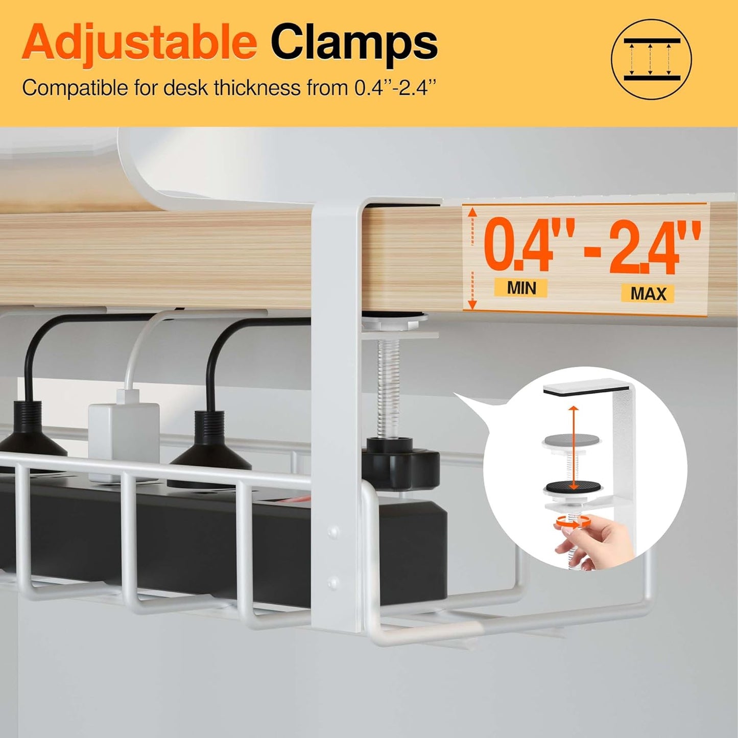 2 Pack Cable Management Under Desk Tray, Xpatee 31.4" No Drill Wire Organizers with Upgraded Clamp, Metal Cord Organization, PC Cable Management Rack, White