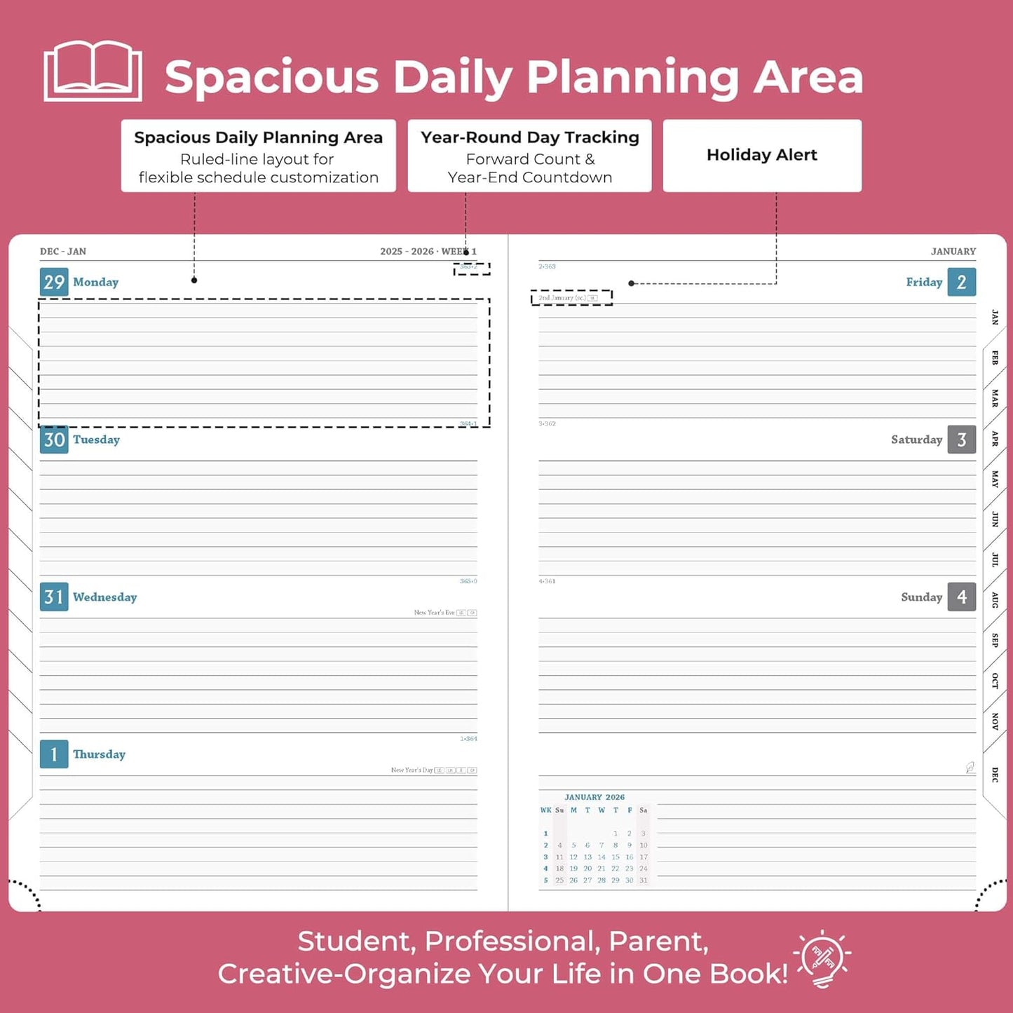 IN-LUXPRO Planner 2026 Daily Weekly and Monthly,11.5"x8.5",12 Months Spiral Bound Calendar Agenda with Self-adhesive Pen Holder,2026 Appointment Book with Vegan Leather Soft Cover,Rose Red