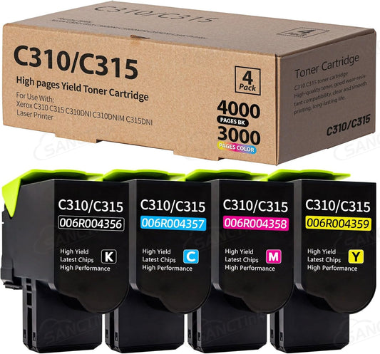 C310 C315 Toner Cartridge Compatible for Xerox C310 C315 Xerox 006R004356 006R004357 006R004358 006R004359 Xerox C310 C310DNI C310DNIM C315 C315DNI Laser Printer (C/M/Y/BK, 4-Pack)