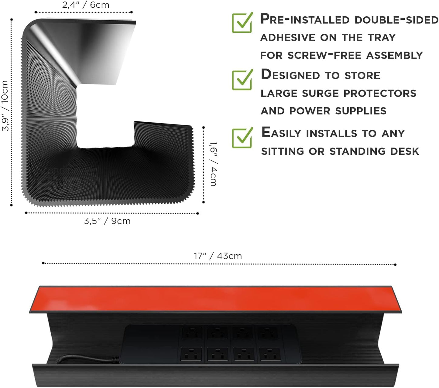 No-Screw Under Desk Cable Management Tray - Self-Adhesive Installation, Cord Management, Cable Tray, Under Desk Wire Organizer - Black Set of 2