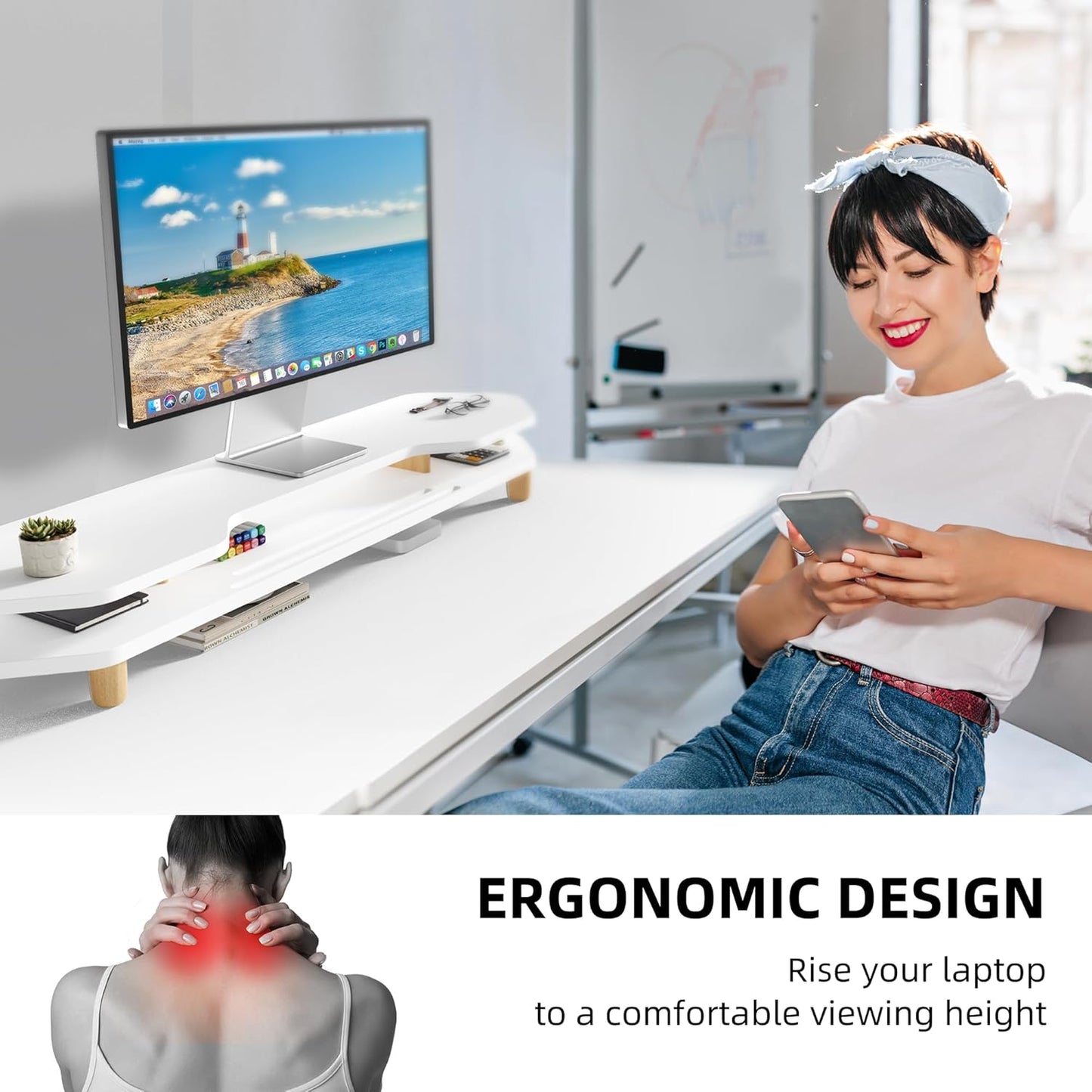 2 Tier White Dual Monitor Stand Riser,Wider Board Computer Monitor Stand for 2 Monitors,Slot For Phone/Tablet Office Desktop Organizer for Laptop,PC,Computer,Printer,White