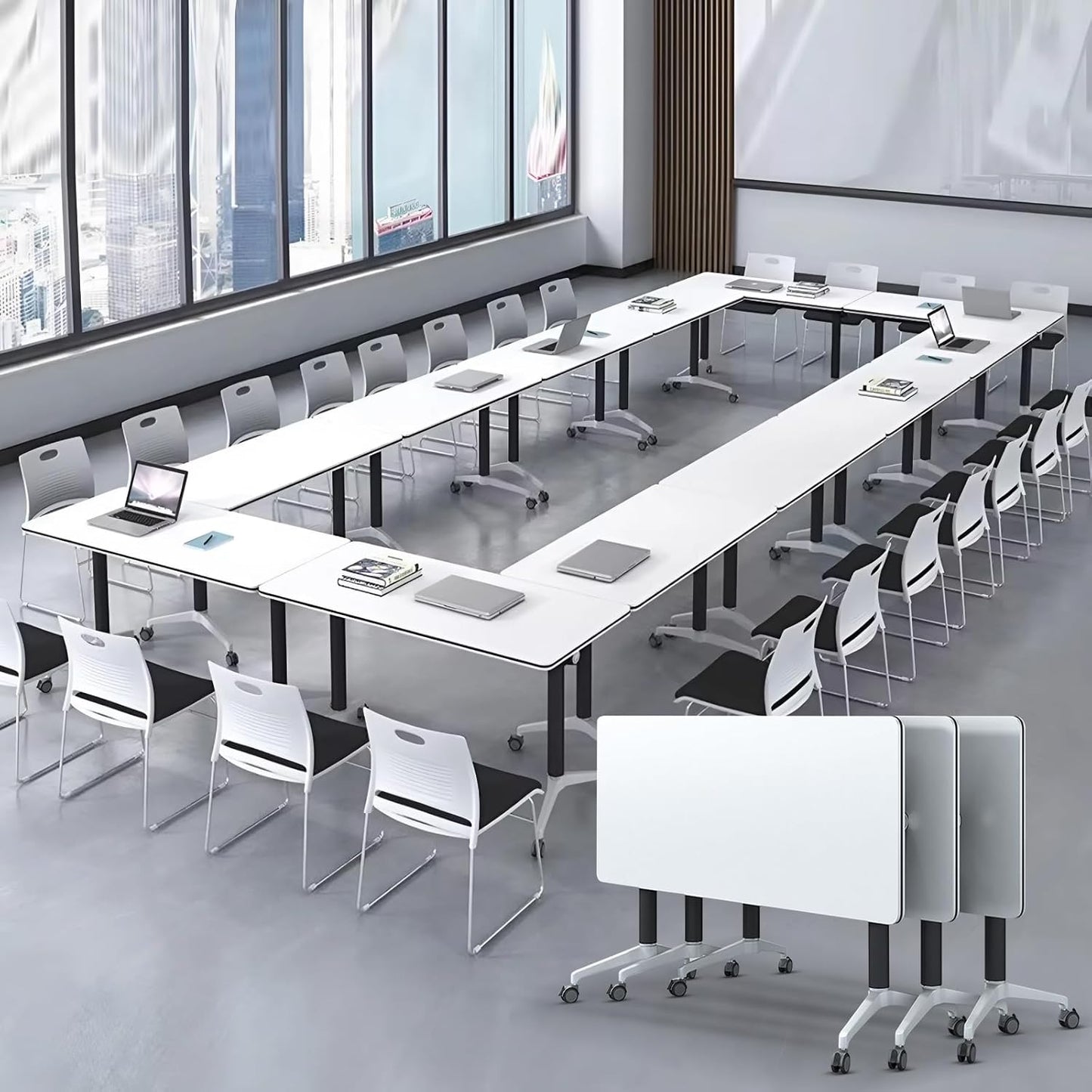 Conference Room Table with Flip-Top Design for Dynamic Meetings, Business Table Computer Desk with Heavy-Duty Frame,Foldable Seminar Meeting Tables for Home Office (6, E, 55.1IN)
