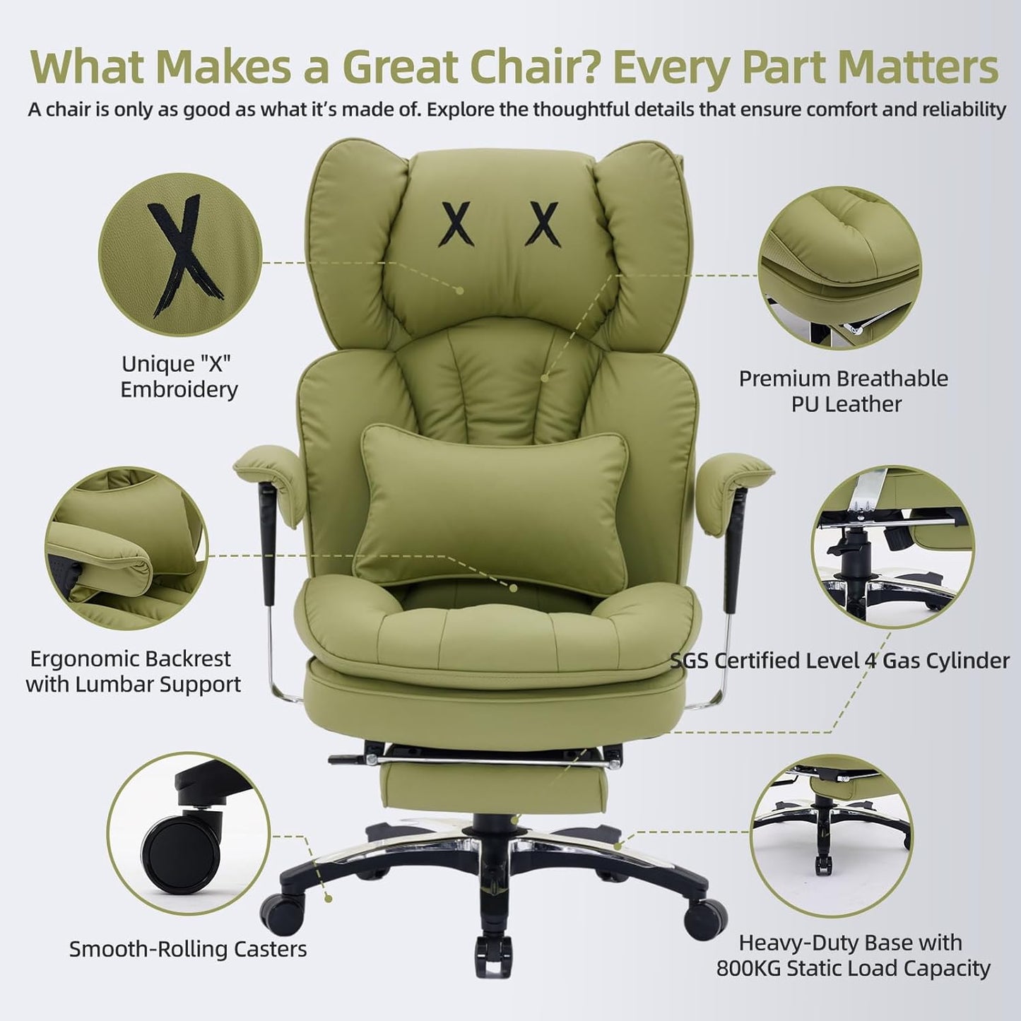 Efomao Big and Tall Office Chair with Footrest – High Back Computer Chair with Adjustable Armrests，Executive Office Chair with Wide Seat, Modern Desk Chair for Home Office, Gaming, or Study, Green