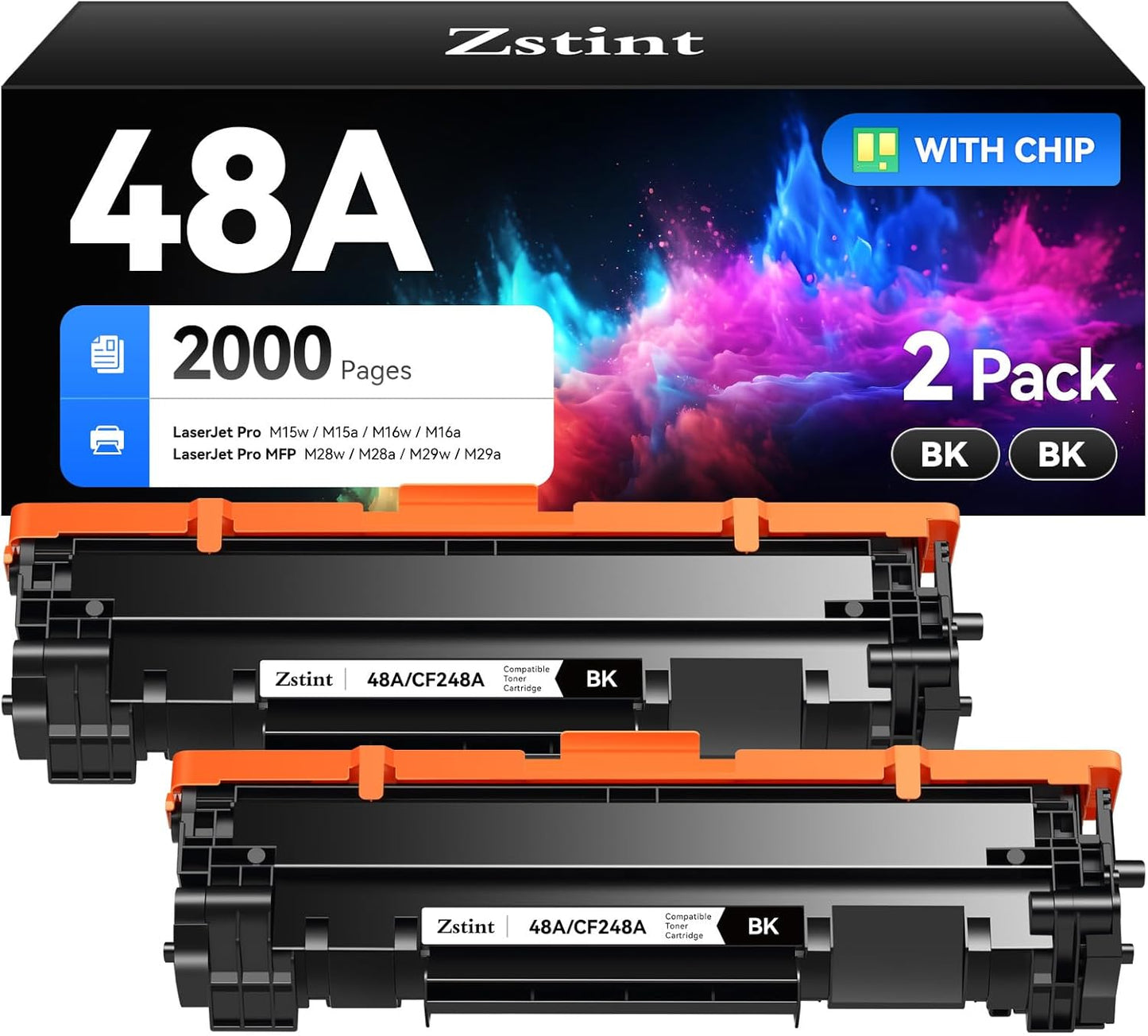 48A Black Toner Cartridge 2-Pack High Yield with Chip Replacement for HP 48A CF248A Compatible with HP LaserJet Pro MFP M28a M28w M29a M29w M15a M15w M16a M16w M30w M31w M15 M16 M28 M29 Series Printer