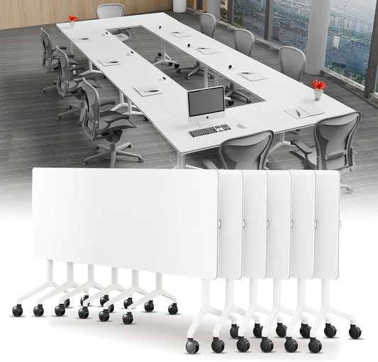 Conference Table, Folding Conference Desk Modern White, Seminar Table with Wheels, 2-10 People for Office, Meeting Break Room (6, 1915, 47IN)