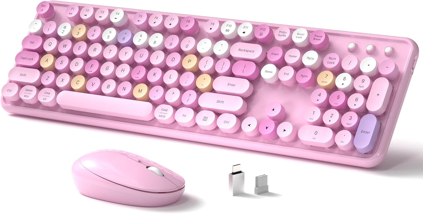 Wireless Keyboard and Mouse, Full-Size Retro Typewriter Keyboard with Round Keycaps, 2.4GHz for Windows, Mac, Laptop, PC, Desktop (Pink Colorful)