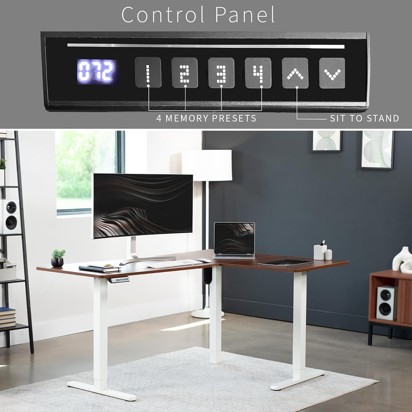 VIVO Electric Corner L-Shaped 63 x 47 in Standing Desk, Memory Height Adjustment, Dark Walnut Top White Frame, DESK-E3CTWD-47