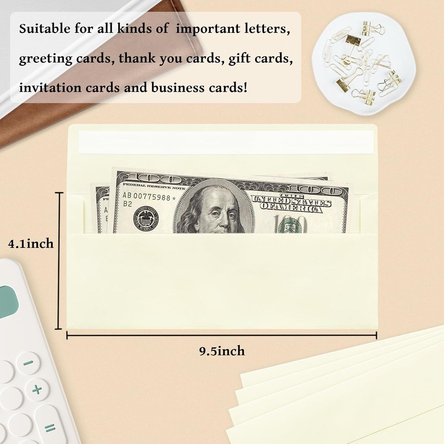 100 Pack #10 Business Envelopes, Ivory Standard Envelopes Self Seal, Letter Size Business Mailing Envelopes for Checks Letters Invoices Statements Birthday Graduation Wedding, 4 1/8 x 9 1/2 Inch