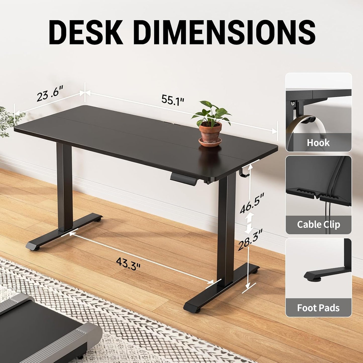 Veken 55 Inch Large Electric Standing Desk, 4 Memory Heights Adjustable,Sit to Stand Up, Work Home Office Computer Table for Study, Walking Pad, Writing, and Games, Wooden Desktop Desks, Black