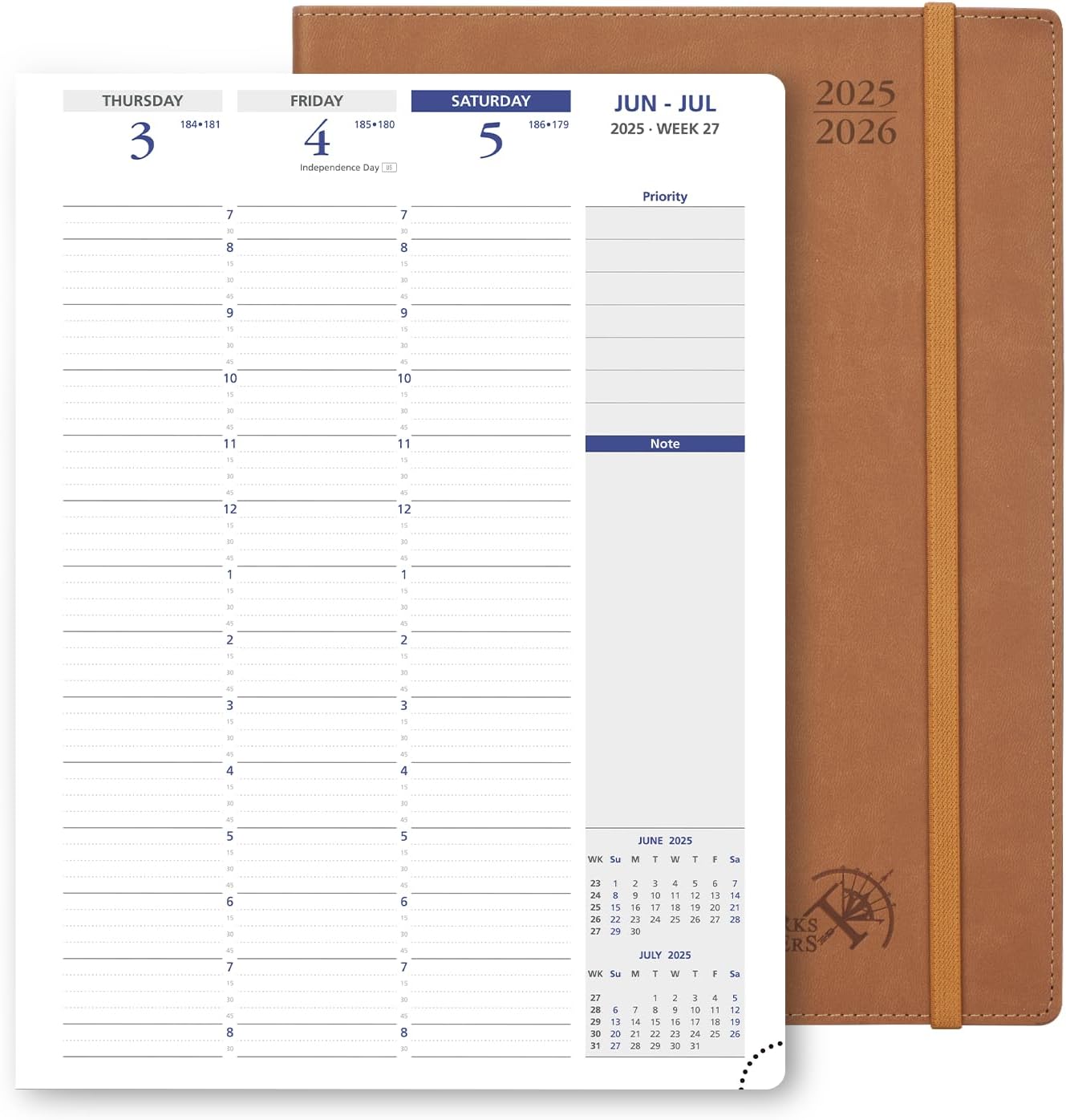POPRUN Academic Planner 2025-2026, 8.5'' x 11.25'', Quarter-Hourly Appointment Book (July 2025-June 2026) with PU Leather Soft Cover, Dual Pockets, Monthly Tabs, 100GSM Thick Paper - Brown