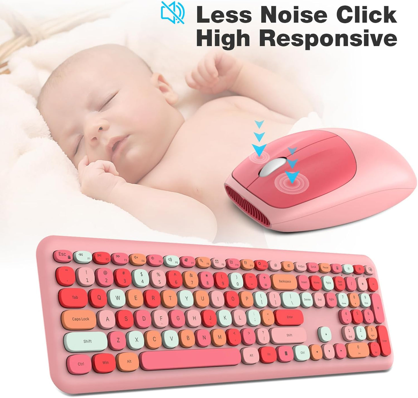 MOFII Wireless Keyboard and Mouse Combo, Colorful Full Size Keyboard with Number Pad, Silent Cute Wireless Mouse, 2.4GHz Dropout-Free Connection, for PC Laptop Computer (Pink Color)