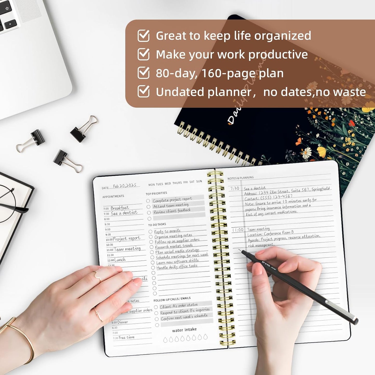 Undated Daily Planner - Spiral Notebook 80 Days One Day Per Page, Hourly Schedule, To-Do List, Notes, Everyday Planning Task, A5 Hardcover Journal Organizer Book Women Cute Aesthetic, Flower