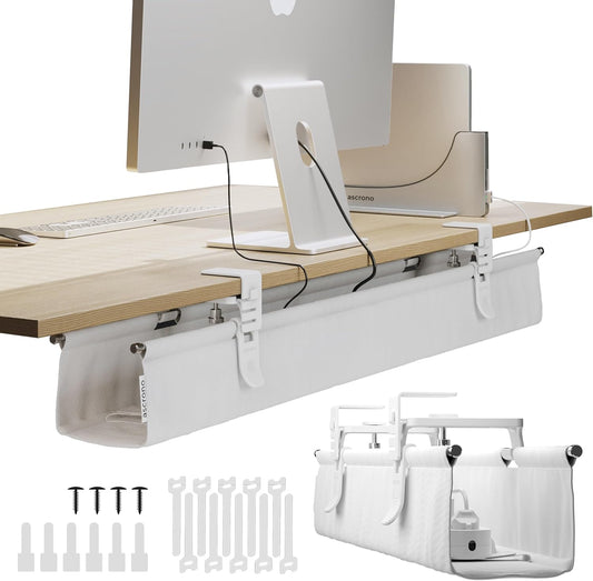 Original No Drill Under Desk Cable Management Tray 40.6" - Premium White Fabric Cable Management Under Desk - Clamp/Screw Mount Cord Organizer - Supports Upto 66lbs - Large