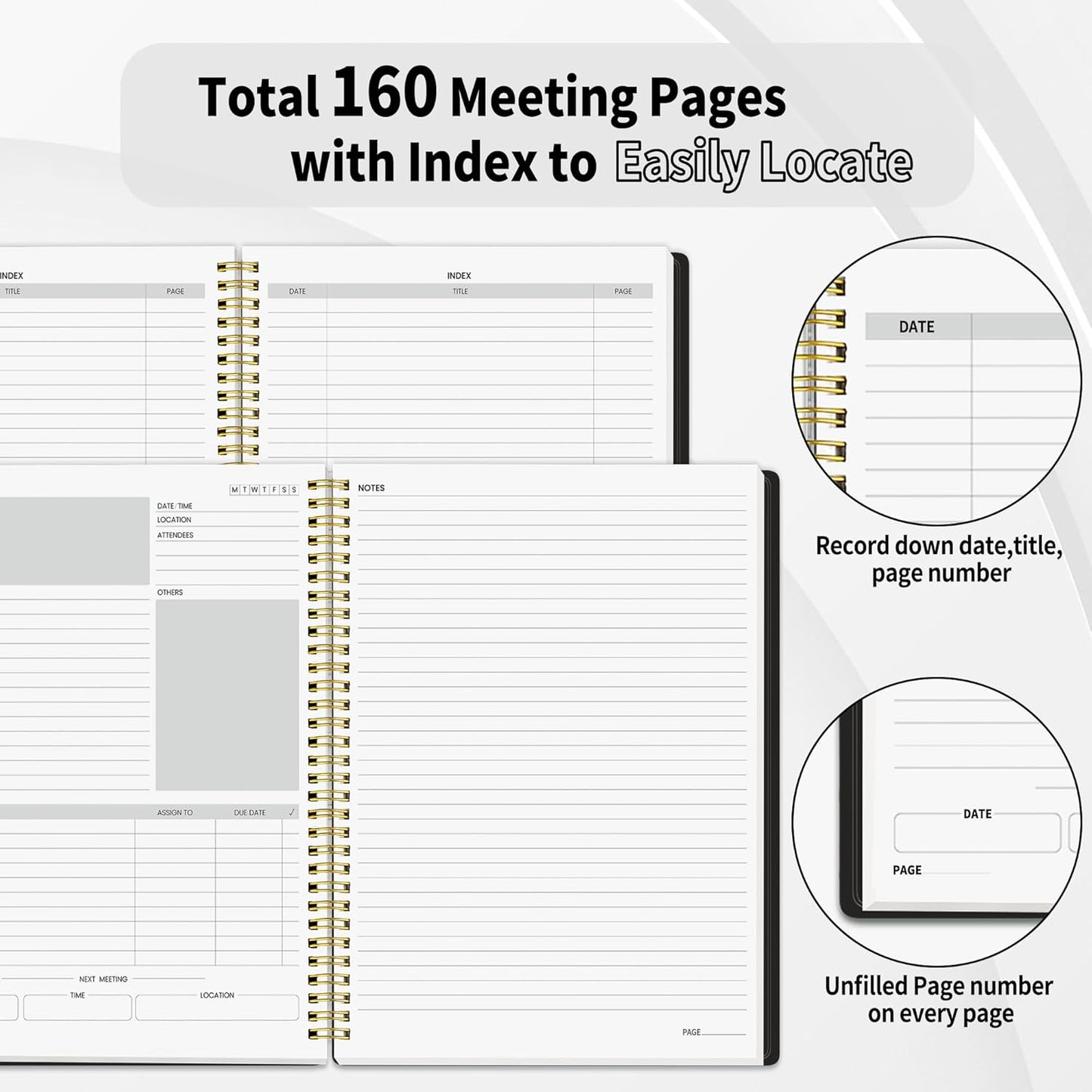 SUNEE Half Meeting Half Note - 8.5"x11" Professional Notebooks for Work - 160 Pages, A4 Size Project Planner, Spiral Meeting Agenda/Minutes Organizer for Women Men, Note Taking, Office & Business