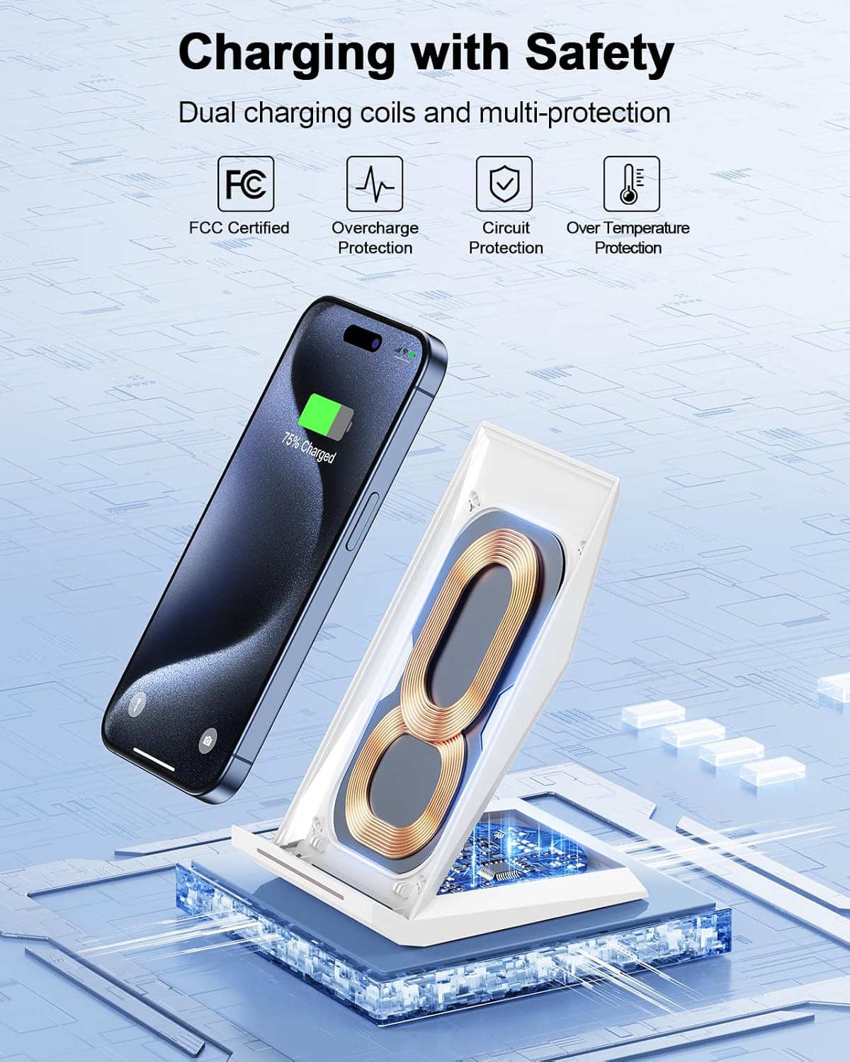 NANAMI Fast Wireless Charger - Qi Certified Charging Stand 7.5W Compatible iPhone 17/17 Pro/17 Pro Max/16/15/14/13/12, 10W for Samsung Galaxy S25/S24/S24 Ultra//S23/S22/21/S20 and Qi-Enabled Phones