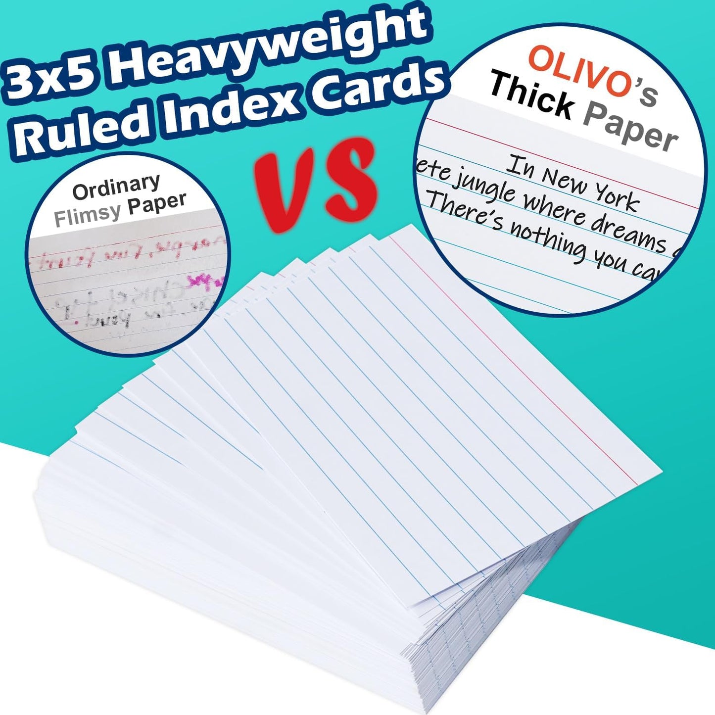 Index Cards 3x5 Lined Ruled Flash Note Cards 3" x 5", White, 100 Count, 200 GSM Heavy Weight
