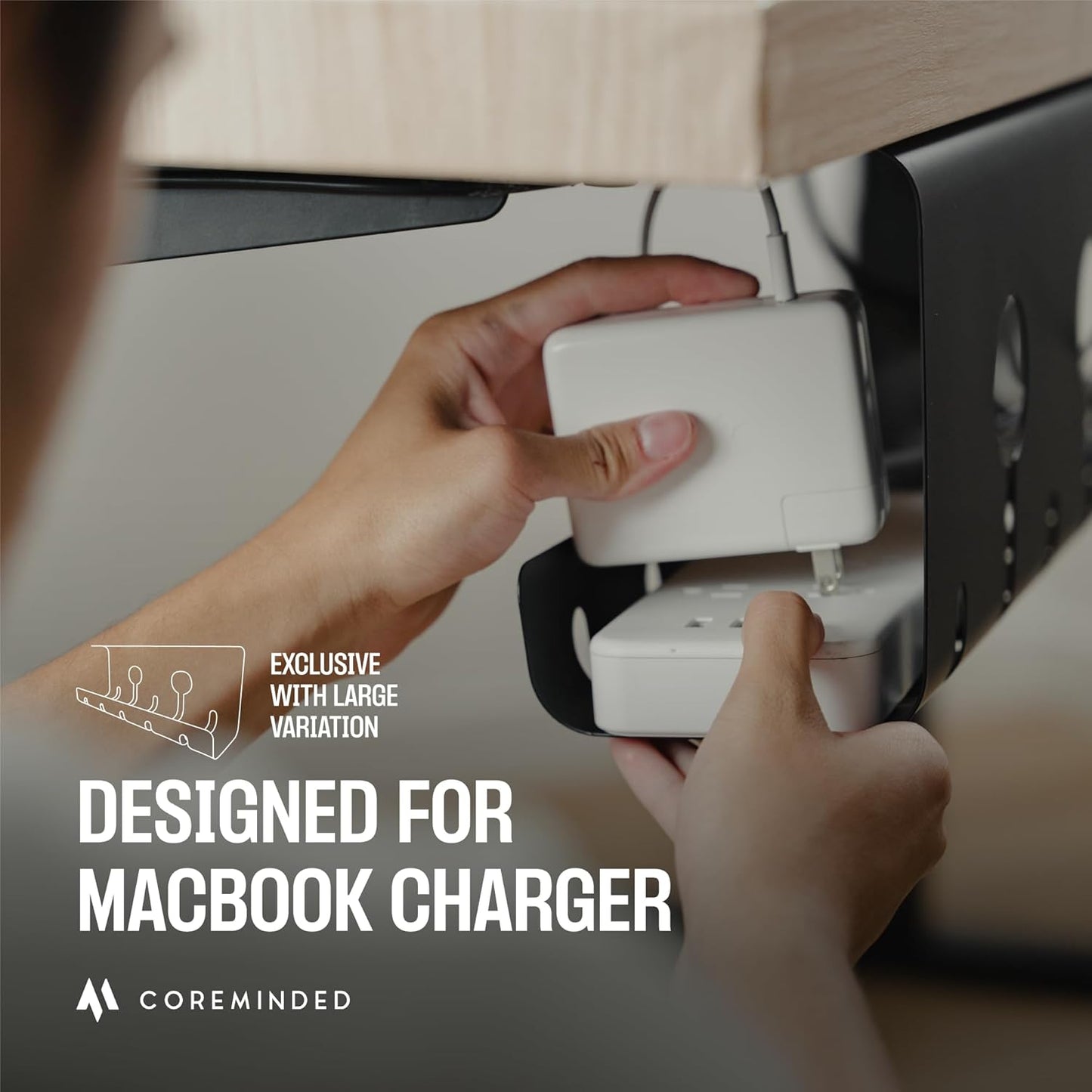 No-Drill Under Desk Cable Management Tray - 2-Pack Wire Organizer for Standing Desk - Cord Management System with Power Strip Holder - L