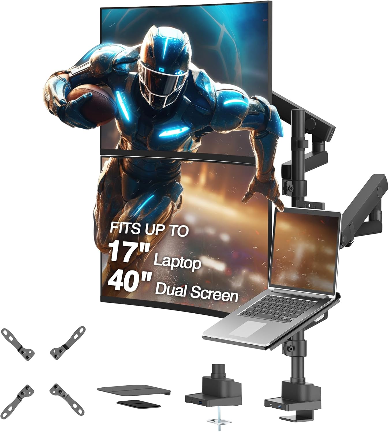 AVLT Laptop & Dual 40 Inch Stacking Monitor Arm Pole Top Mount with USB-C USB-A Ports-Black, Supports 26.4 lbs (12kg), Ultrawide Screen Fit, VESA Compatible, Multi-Screen, Ergonomic Workspace Upgrade