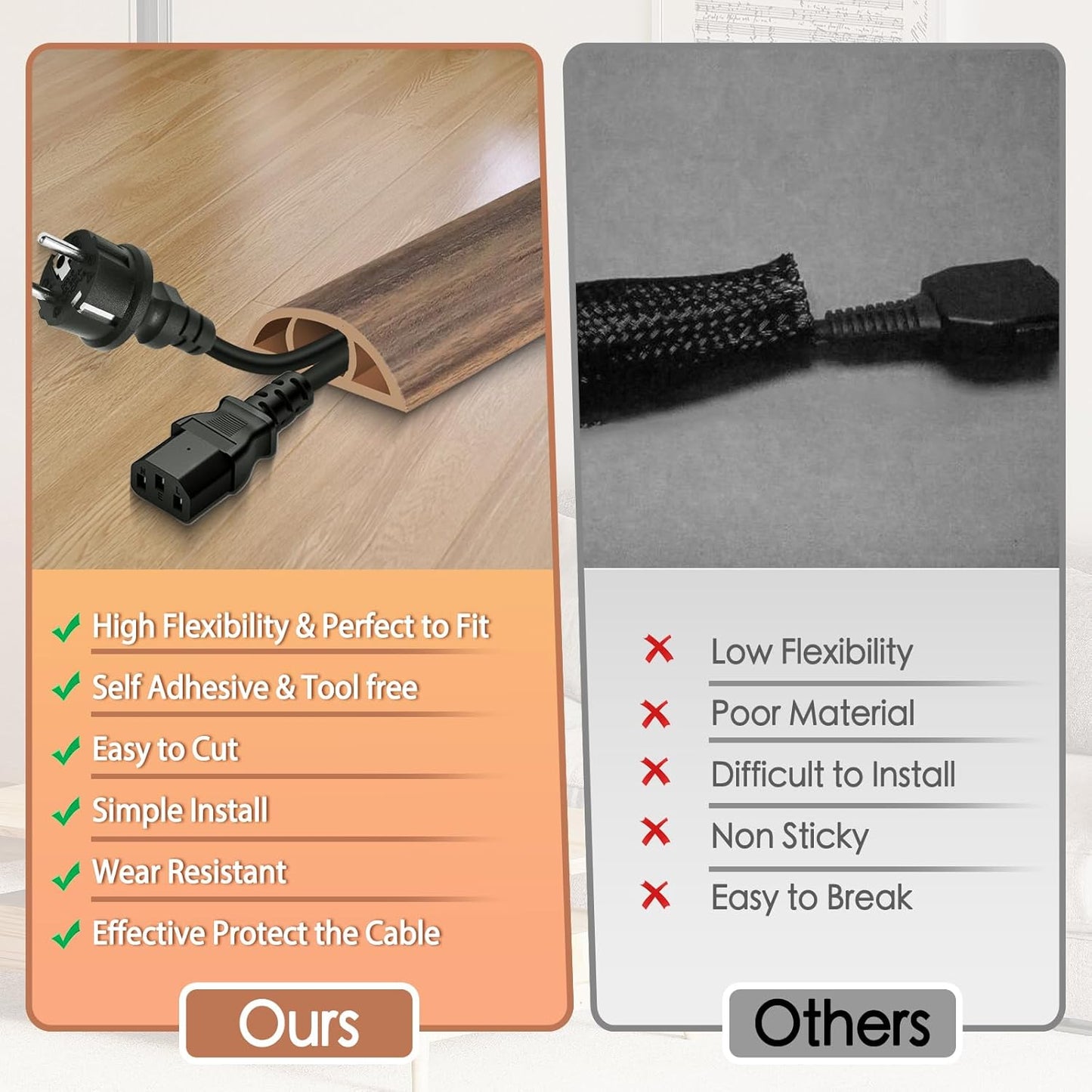 Floor Cord Cover for Wires on Floor Self Adhesive Cord Hider Floor Cable Management Wire Covers for Cords Protector Prevent Cable Trips Cord Cavity W 0.51" x H 0.31", Misty Brown Wood, 20Ft