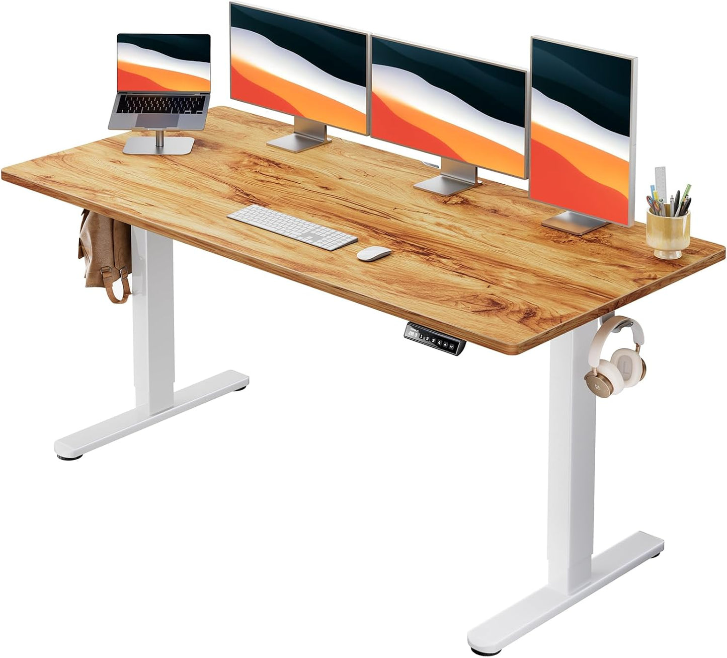 HUANUO Electric Standing Desks, 60" x 24" Whole Piece Desktop, Adjustable Height Computer Desk, 4 Height Memory Settings, Sit Stand Up Desk for Home Office, Light Vintage