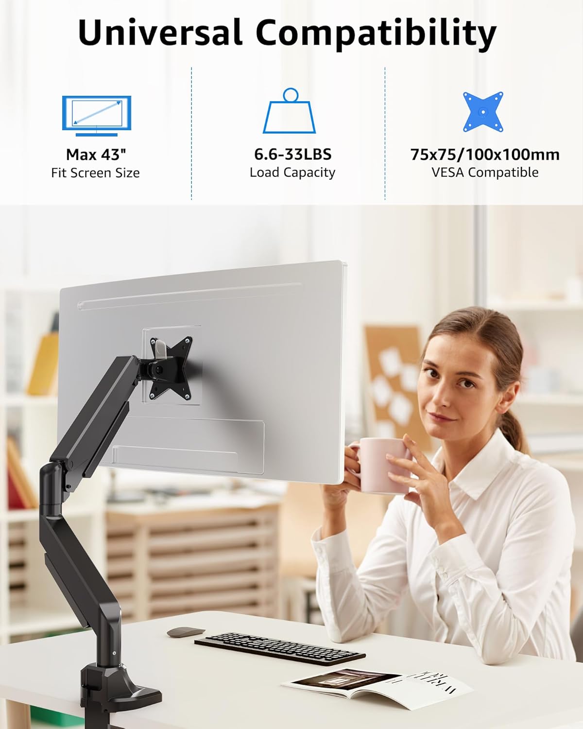 MOUNTUP Single Monitor Mount fits 43 42 40 39 37 34 32 27 inch Ultrawide Screen, Holds 6.6-33lbs, Computer Monitor Arm Desk Mount, Heavy Duty Gas Spring Monitor Stand with C-clamp/Grommet Base