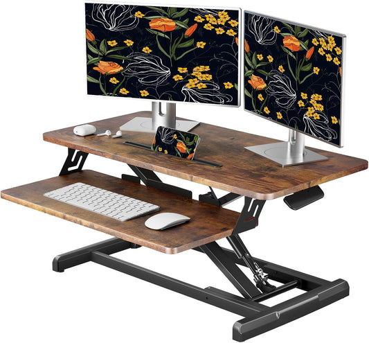 JOY worker Standing Desk Converter, 32" Wide Height Adjustable Sit Stand Up Desk Riser with Keyboard Tray, Desktop Workstation Riser for Home Office Computer Laptop, Particle Board, Rustic