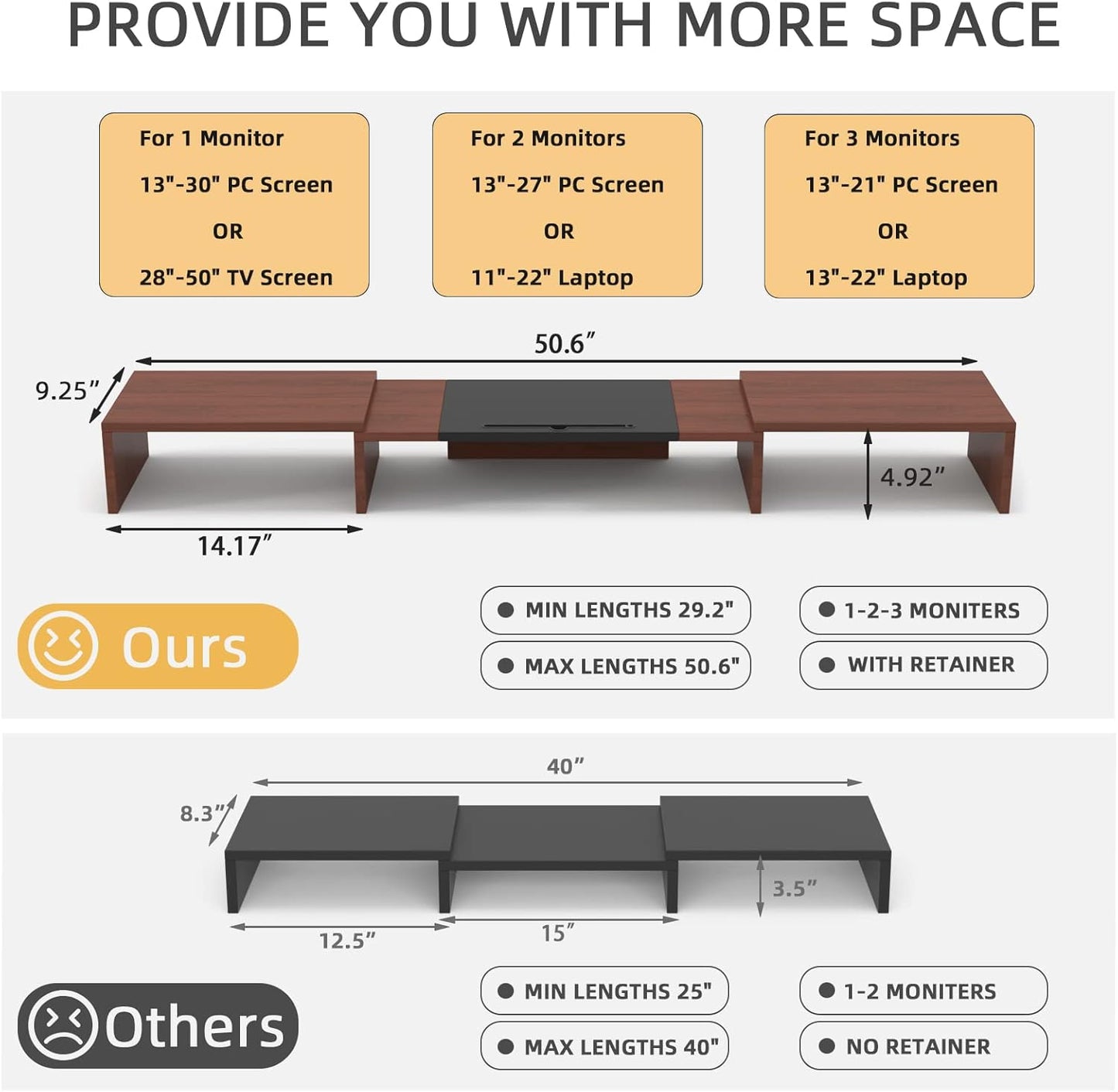 WESTREE Triple Monitor Stand Riser - Extra Long, Adjustable Length & Angle, 3 Shelf Desktop Storage for 1-3 Monitors