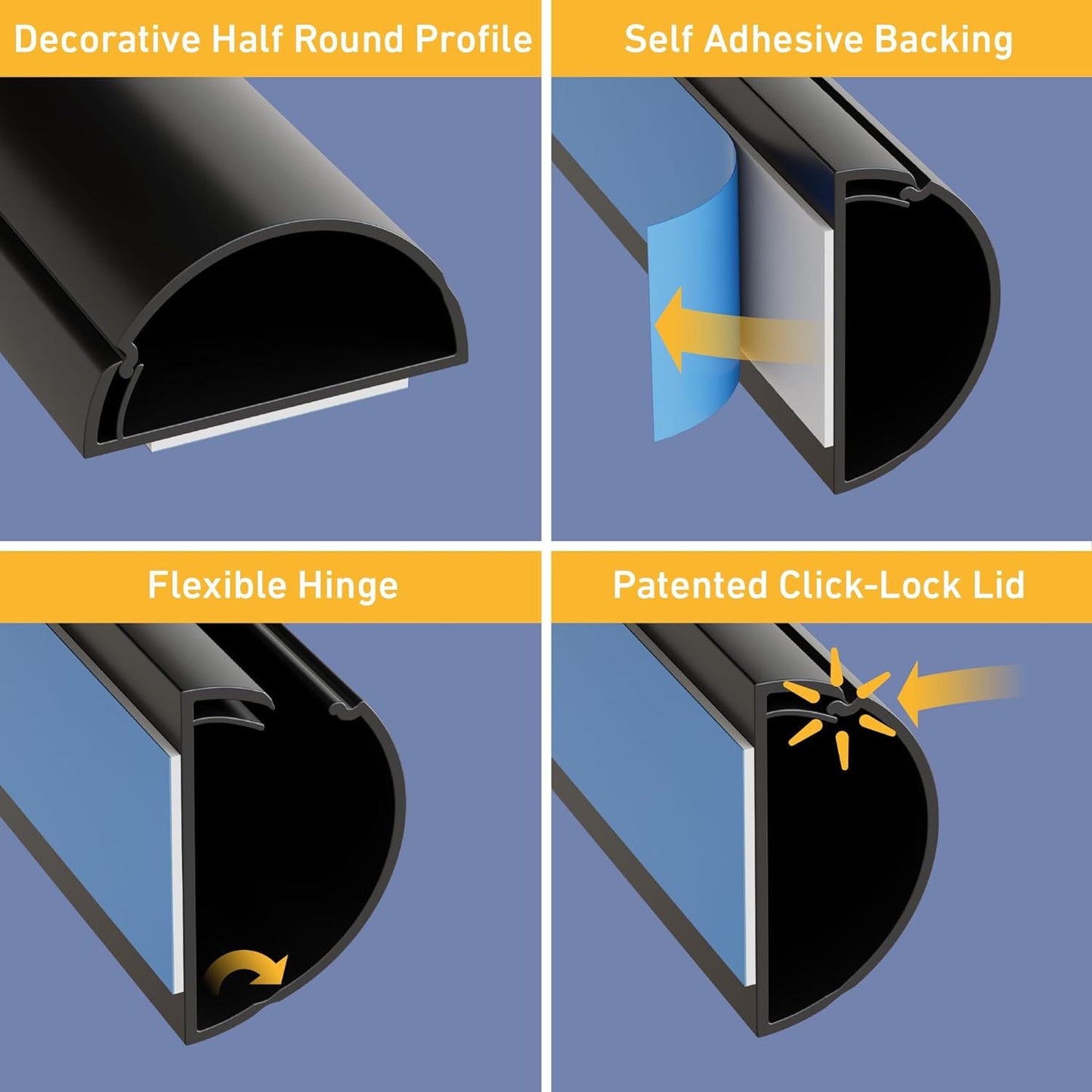 D-Line Half Round Cord Hider, Patented Cable Cover, Hide TV Wall Mount Wires, Raceway for Cords, Decorative Wire Covers, Paintable, Adhesive Cable Concealer - 1x 1.18in W x 0.59in H x 39in L - Black