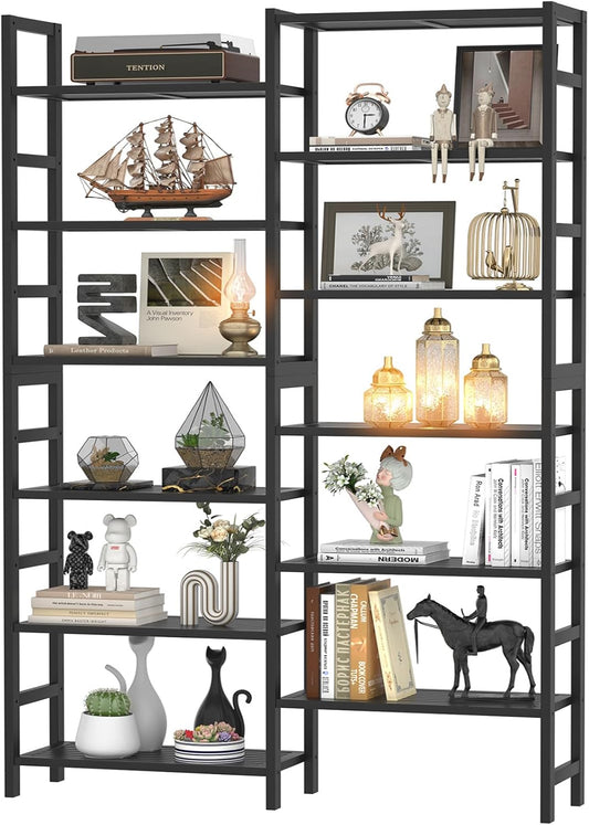 Homykic Double Wide Bamboo Bookshelf Black, 6-Tier Large Open Bookcase with 12 Display Shelves, 6ft Tall Freestanding Book Shelf for Home Office, Bedroom, Living Room, Plants