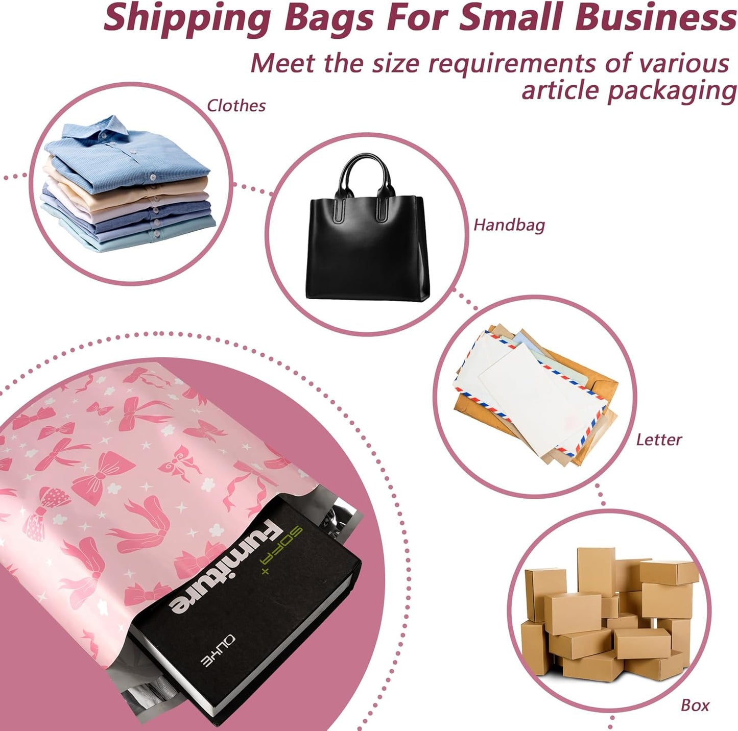 Poly Mailers 6x9 Inch 100 Pcs - Pink Bow printed Shipping Bags, 2.4mil Thickness, Waterproof and Tear Resistant Mailing Envelopes, Self-Sealing Packaging Bags for Small Business