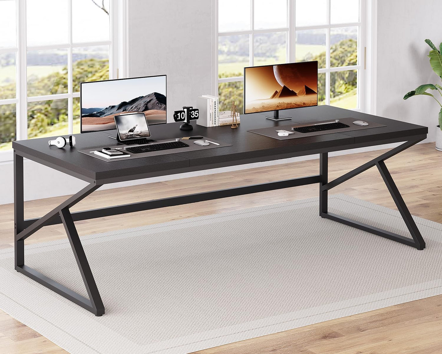 HSH Extra Long Black Computer Desk, 78 inch Large Home Office 2 person Desk, Industrial Metal Wood double Desk for Executive Work Writing Study, Modern Black Bedroom Living Room PC Laptop Gaming Table