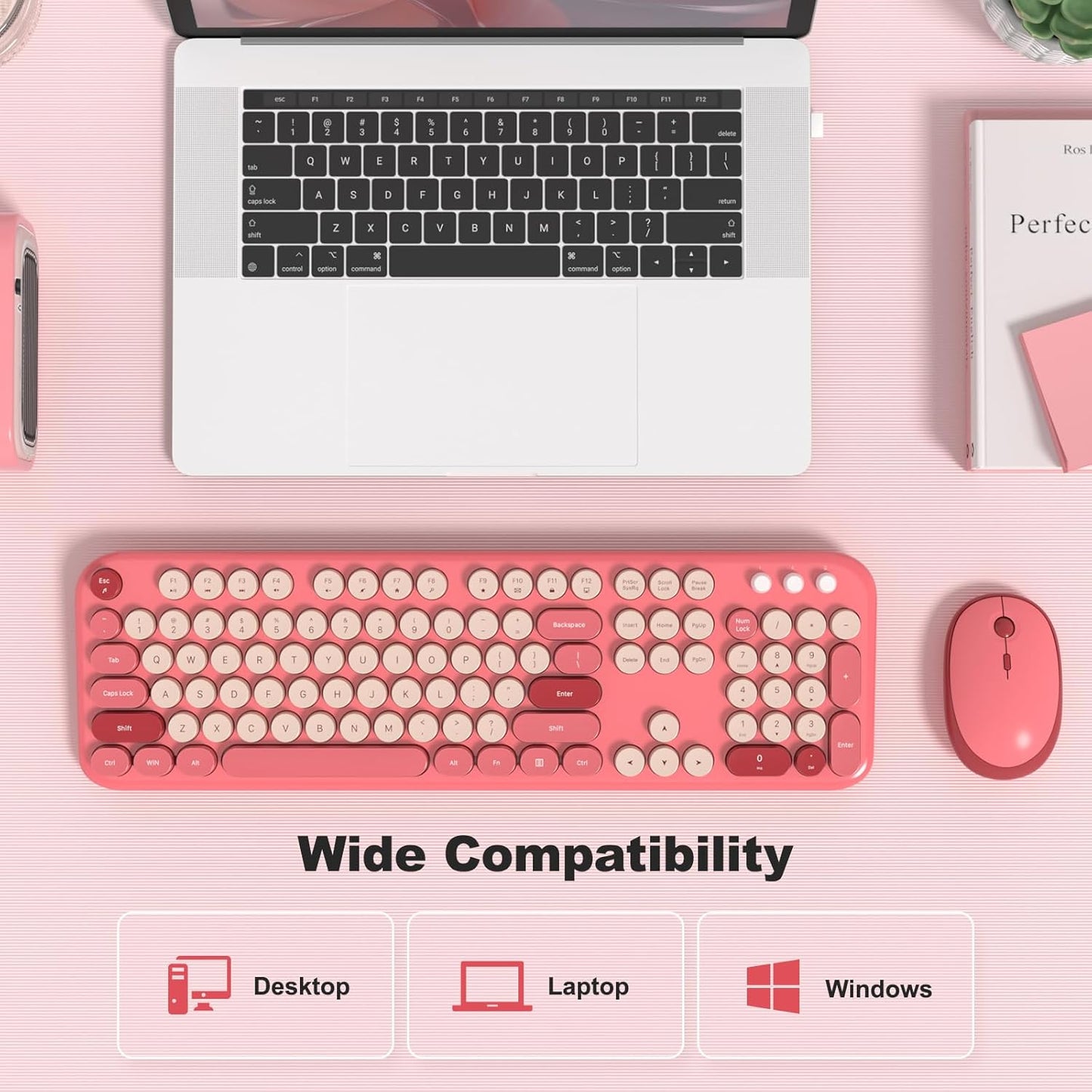 MOFII Wireless Keyboard and Mouse, Retro Typewriter Keyboard and Silent Mouse, 2.4GHz Full Size Keyboard and Mouse Wireless Combo for Laptop, PC, Desktop, Windows (Hot Pink)