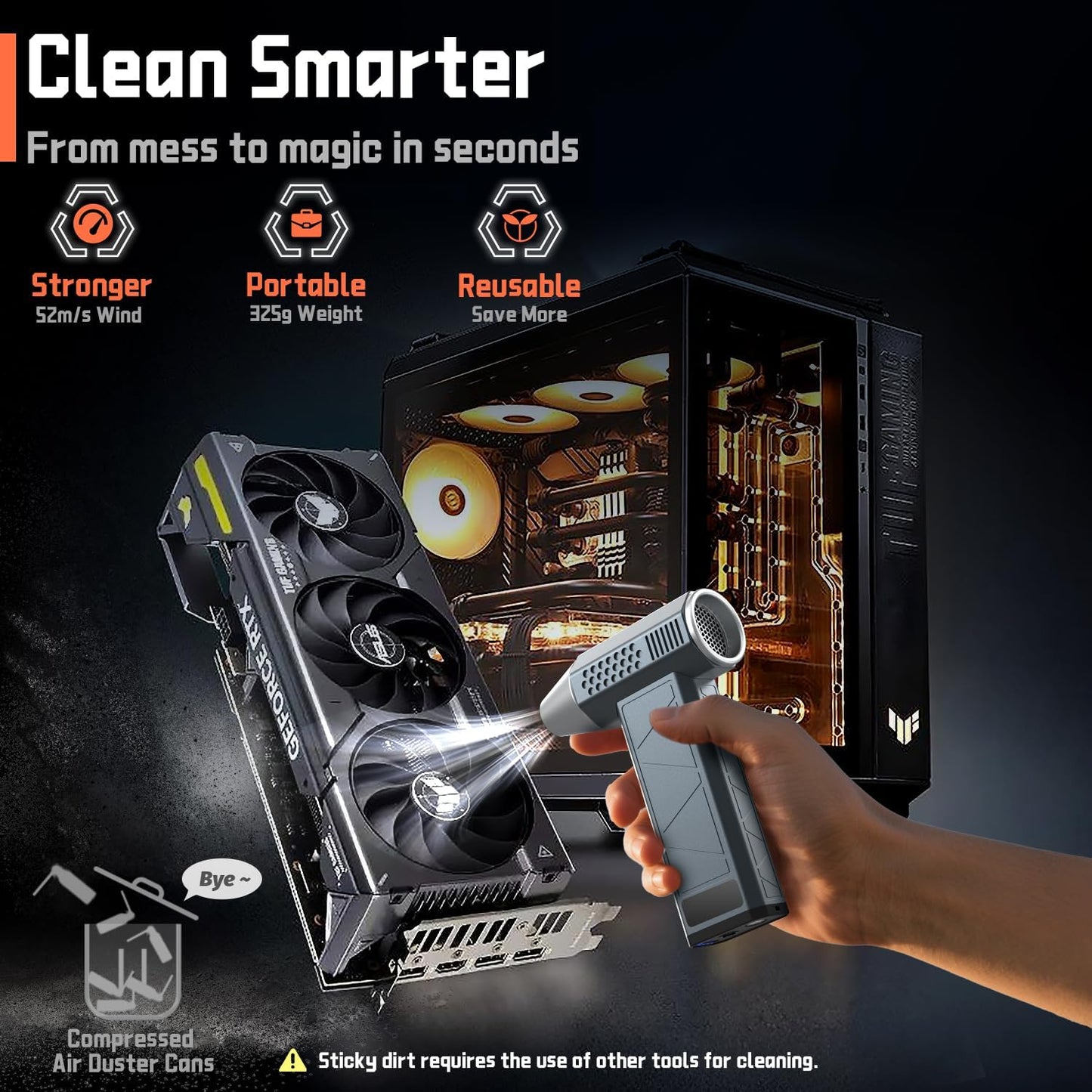 Compressed Air Duster, 360000RPM, 52m/s, Cordless Electric Air Duster with Flashlight, 4-Speed Adjustable Mini Air Blower Gun, USB-C Charging