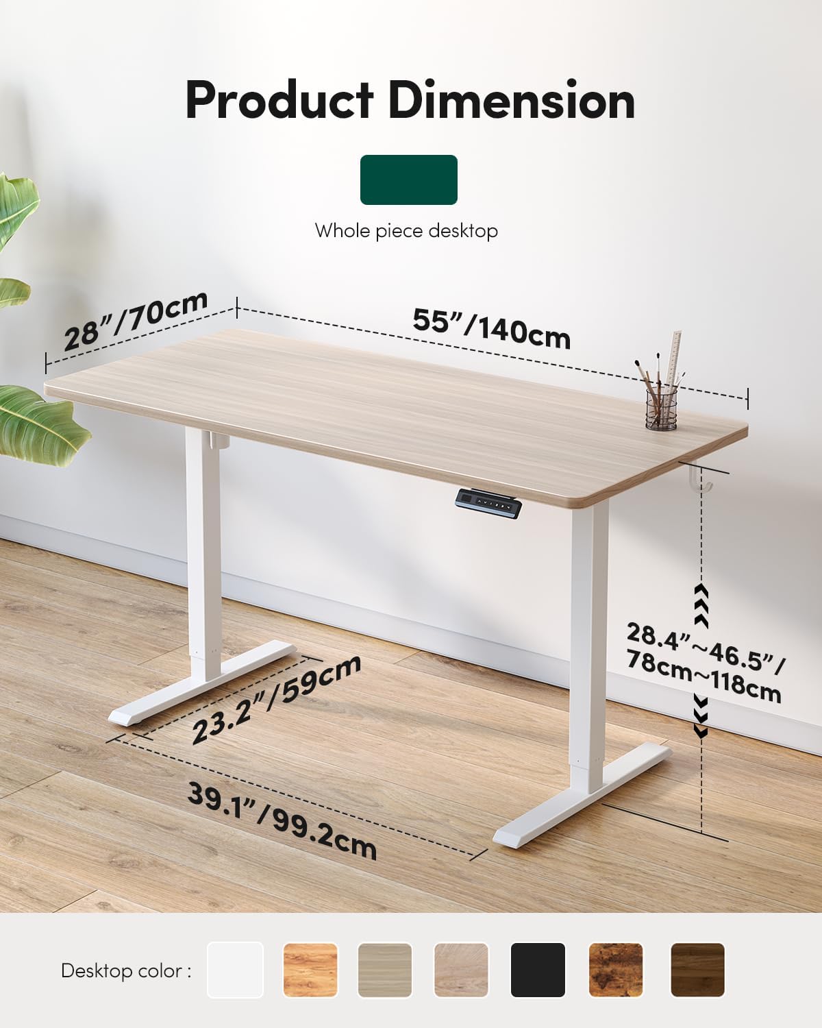 FEZIBO One-Piece Standing Desk Adjustable Height Stand up Home Office Desk, 55x24 Inch Electric Standing Computer Desk, with 4 Memory Presets, Fixable casters, Light Walnut