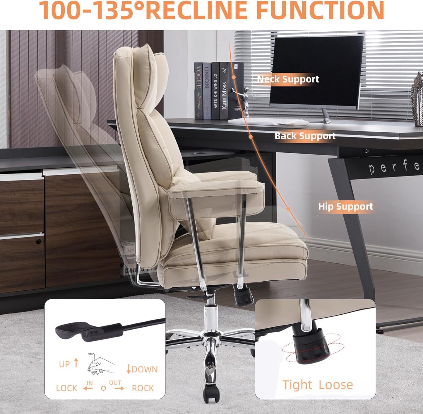 Big and Tall Office Chair 500lbs Wide Seat Executive Office Desk Chair High-Back Office Task Chair, Ergonomic Lumbar Support Computer Office Chairs for Heavy People(Beige)