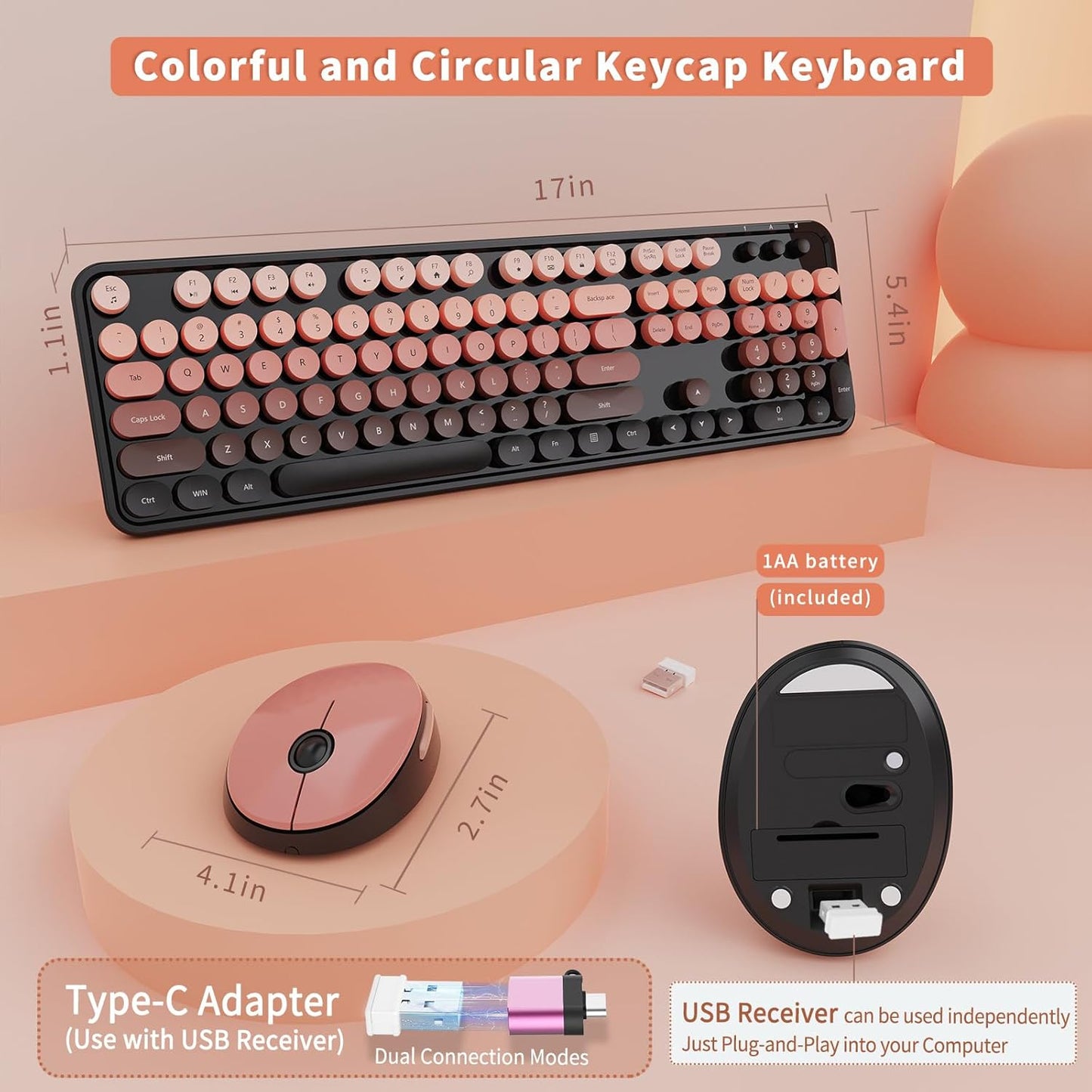 Wireless Keyboard and Mouse Combo, Ergonomic Full Size Typewriter Retro Round Keycaps Keyboard, Compatible with Windows, PC, Perfer for Home and Office Keyboards (Aurora Red)