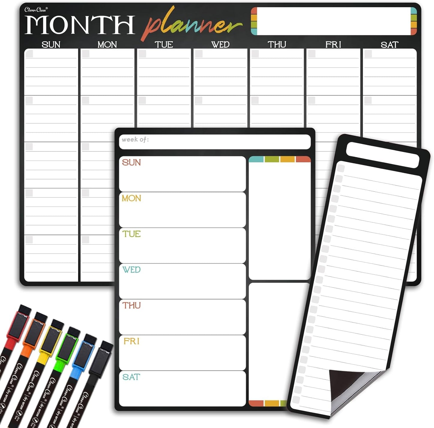 Magnetic Dry Erase Monthly Calendar Set - 17"x12" Monthly and 8.5"x12" Weekly Calendar, 4"x12" List Board for Fridge - 6 Extra Fine Point Dry Erase Markers Included - Shipped Flat