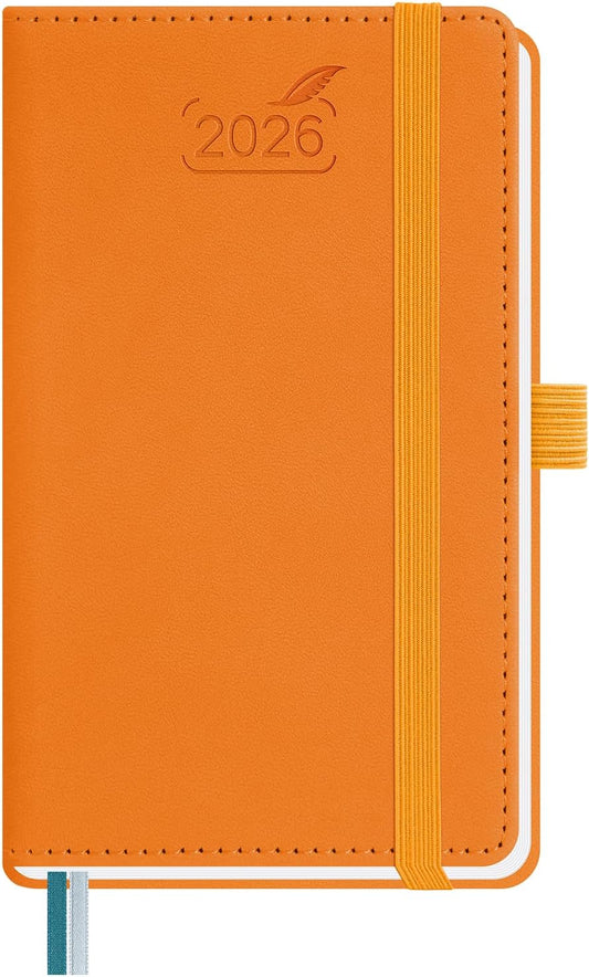 BEZEND Pocket Calendar 2026 Weekly and Monthly (3.5" x 6") Small Daily Planner for Purse (Jan-Dec) with Notes & Expenses, Inner Pocket, Pen Holder, Vegan Leather Hardcover - Orange