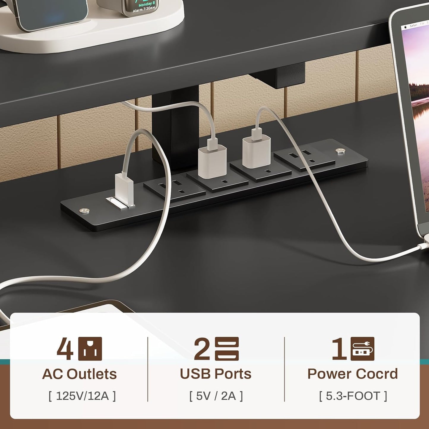 SEDETA Computer Desk with 5 Drawer, Power Outlet & Led Lights, 66'' Home Office Desk with File Drawer, Storage, Monitor Shelf, Gaming Desk, Black