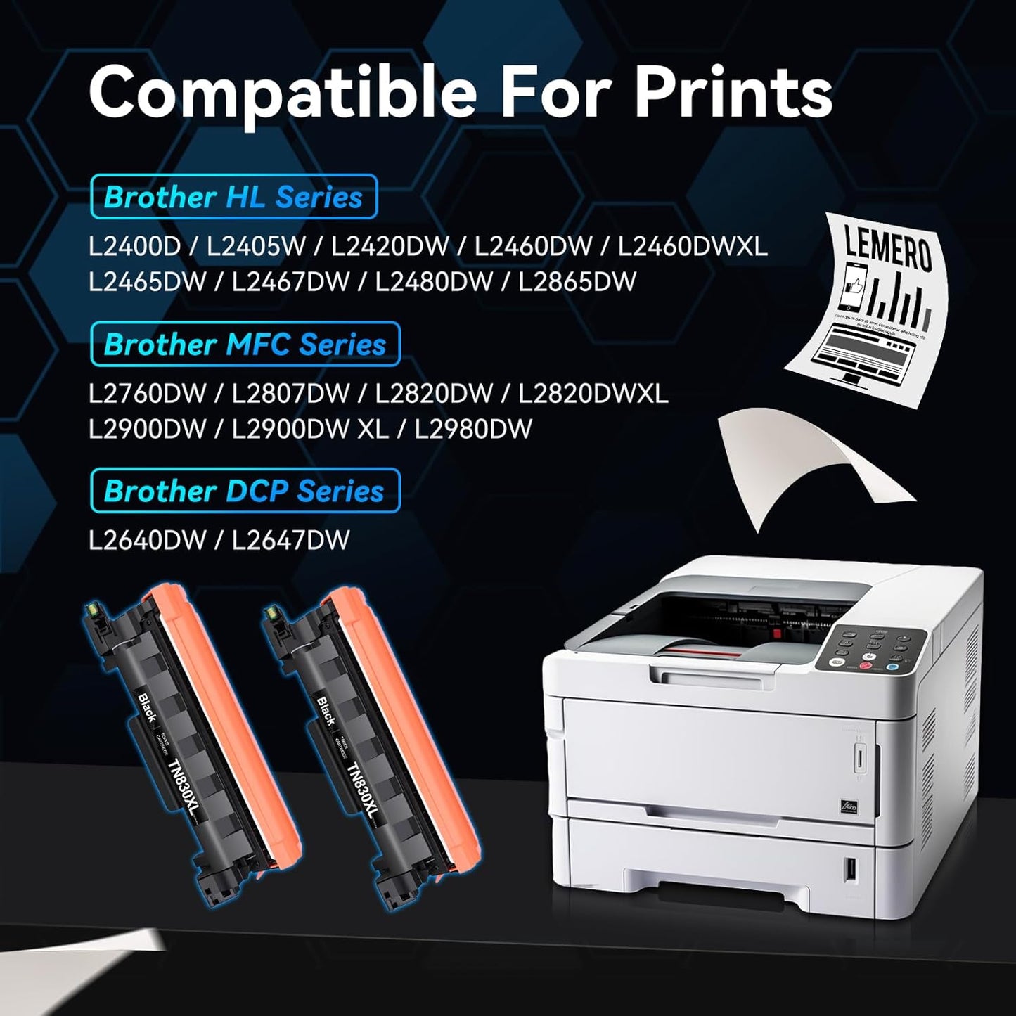 LEMERO Compatible Toner Cartridge Replacement for Brother TN830XL TN830 TN-830 Black High Yield Toner Cartridge Work with DCP-L2640DW HL-L2460DW HL-L2480DW HL-L2405W MFC-L2820DW Printer 830XL 2-Black