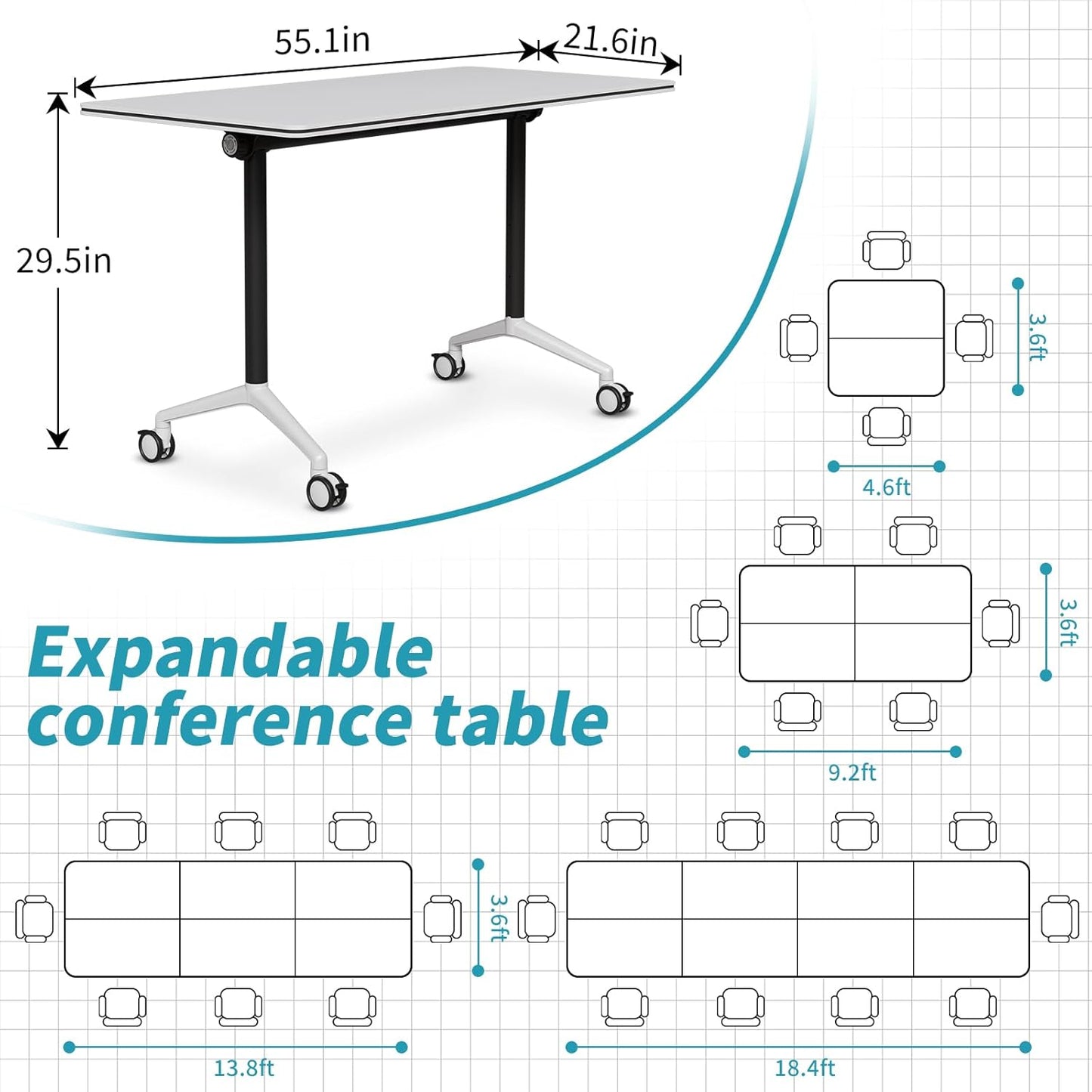 Folding Conference Table, Modern Conference Room Tables with Flip-Top Design, Foldable Conference Table Meeting Table with Wheels, Mobile Seminar Training Tables for Office Classroom (6, White 2)