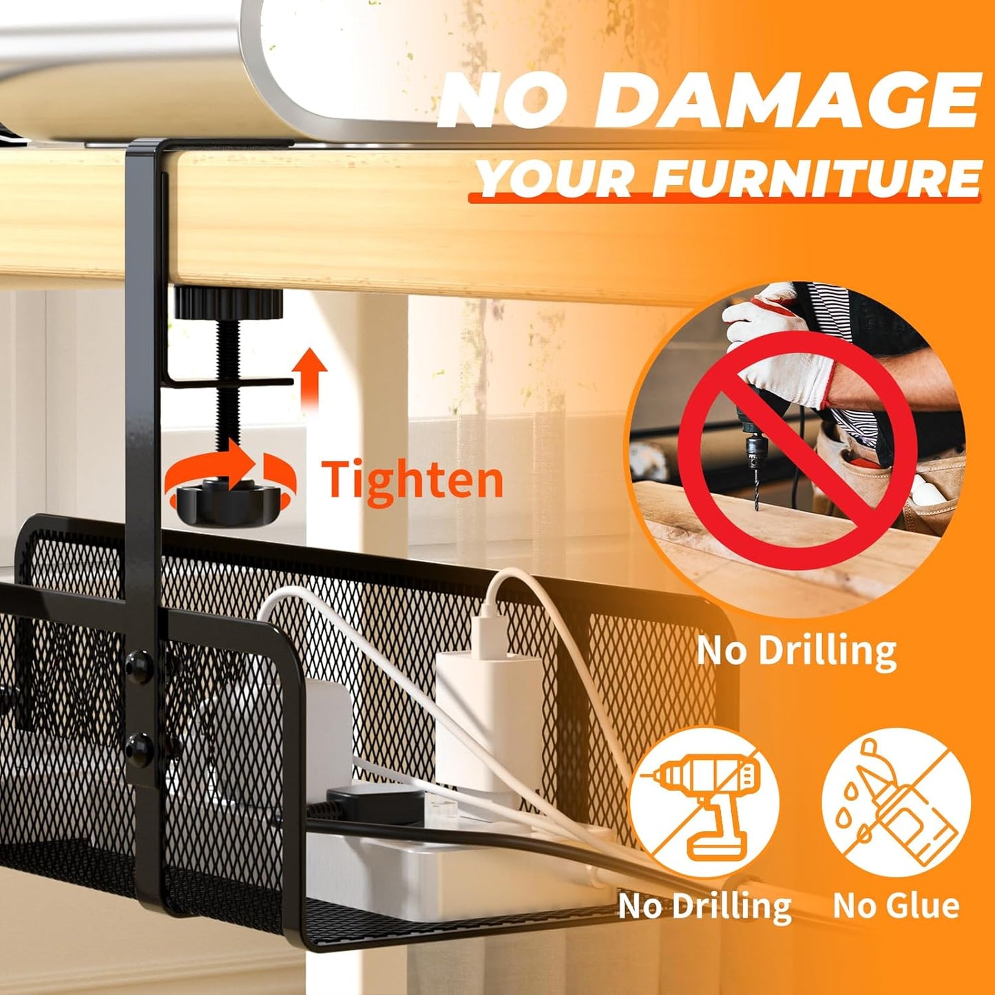 Under Desk Cable Management Tray, Wire Management Desk Cable Organizer Cable Management Box, Cord Organizer Under Desk Storage Cable Raceways for Office, Home - No Damage to Desk No Drill