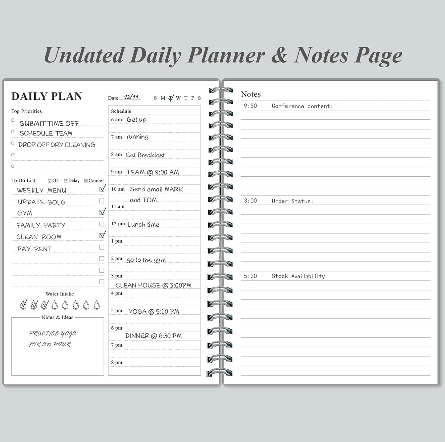 Daily Planner Undated - A5 To Do List Notebook Hourly Schedules, Spiral Appointment Planner for Women and Men, PVC Hardcover, Inner Pocket, Elastic Closure, 5.8" x 8.3", Grey