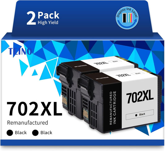 TEINO Remanufactured Ink Cartridge Replacement for Epson 702 702XL T702 T702XL use with Epson Workforce Pro WF-3720 WF-3730 WF-3733 (Black, 2-Pack)
